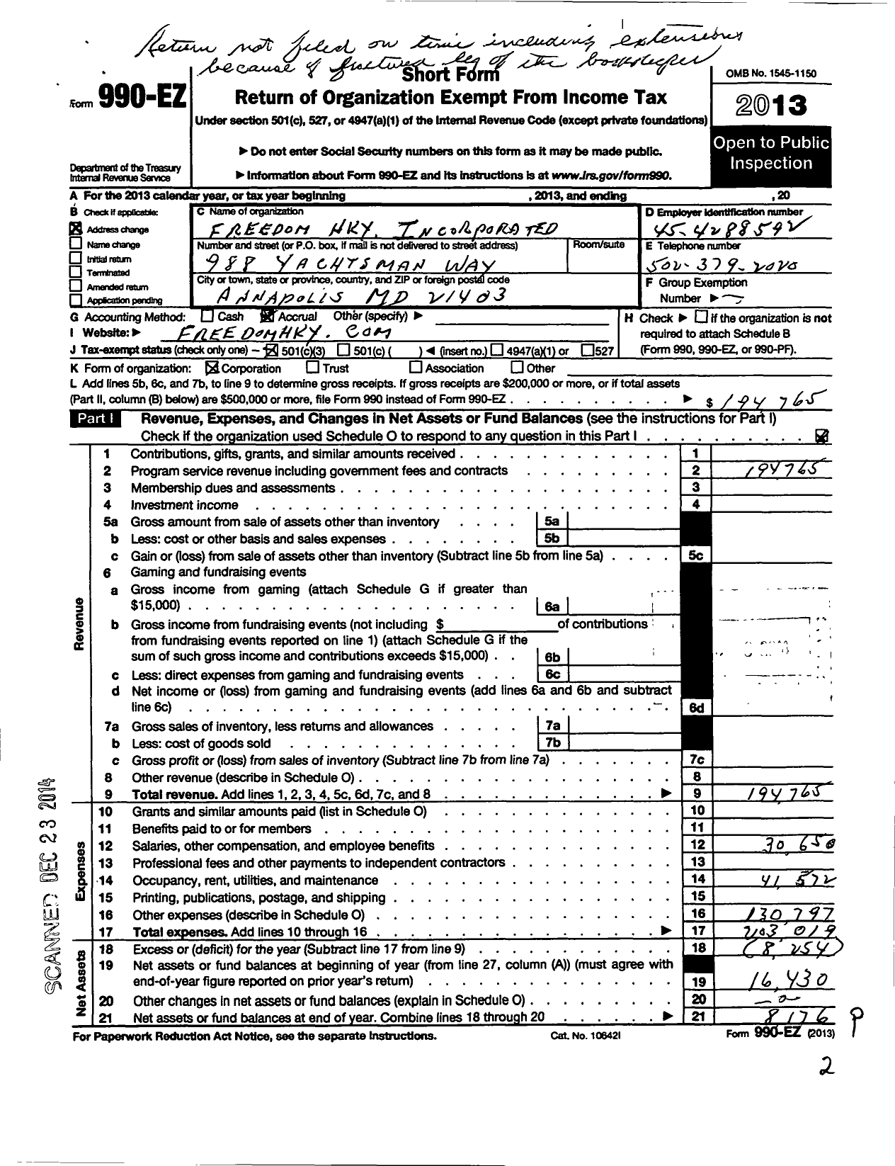 Image of first page of 2013 Form 990EZ for Freedom HKY Incorporated