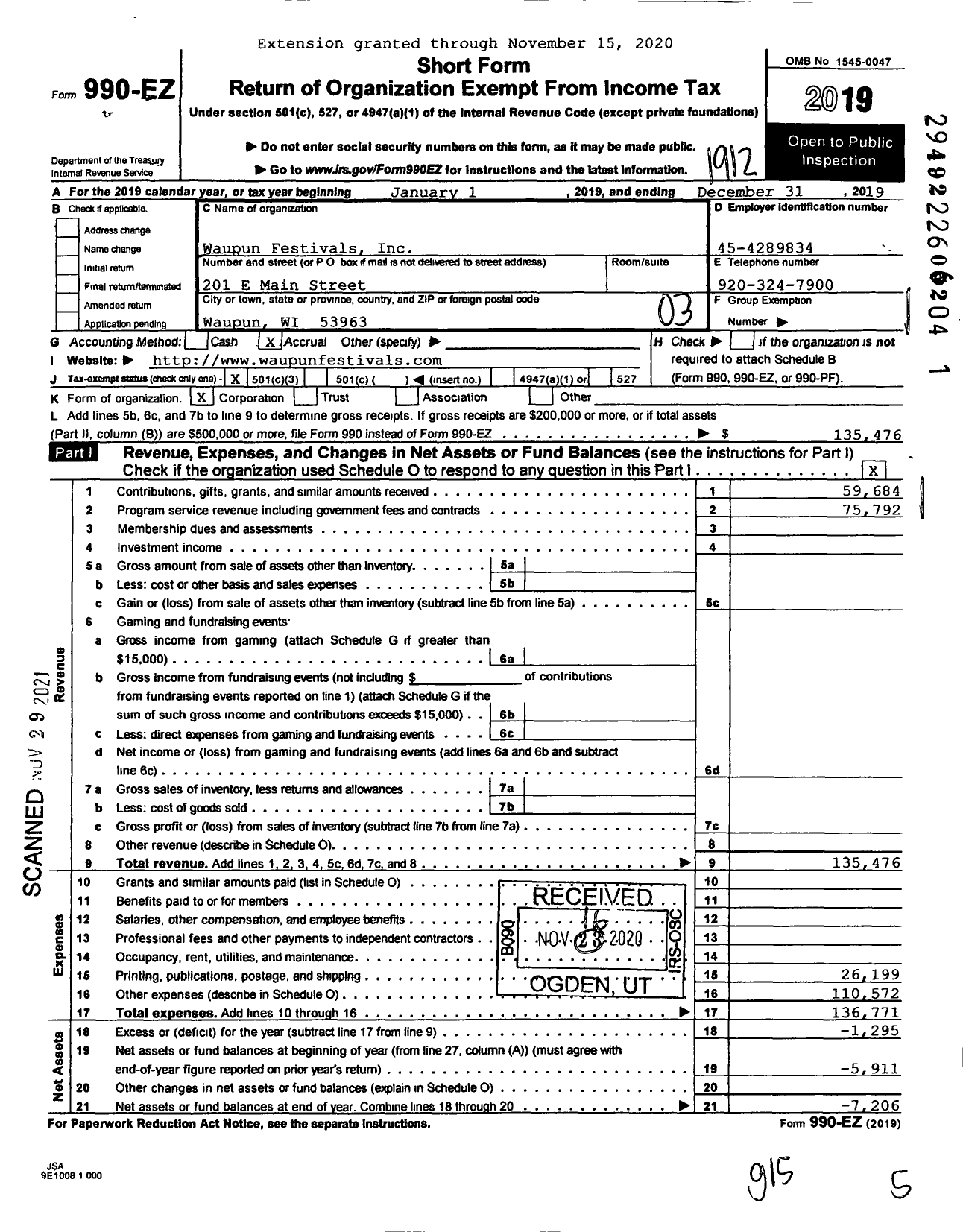 Image of first page of 2019 Form 990EZ for Waupun Festivals