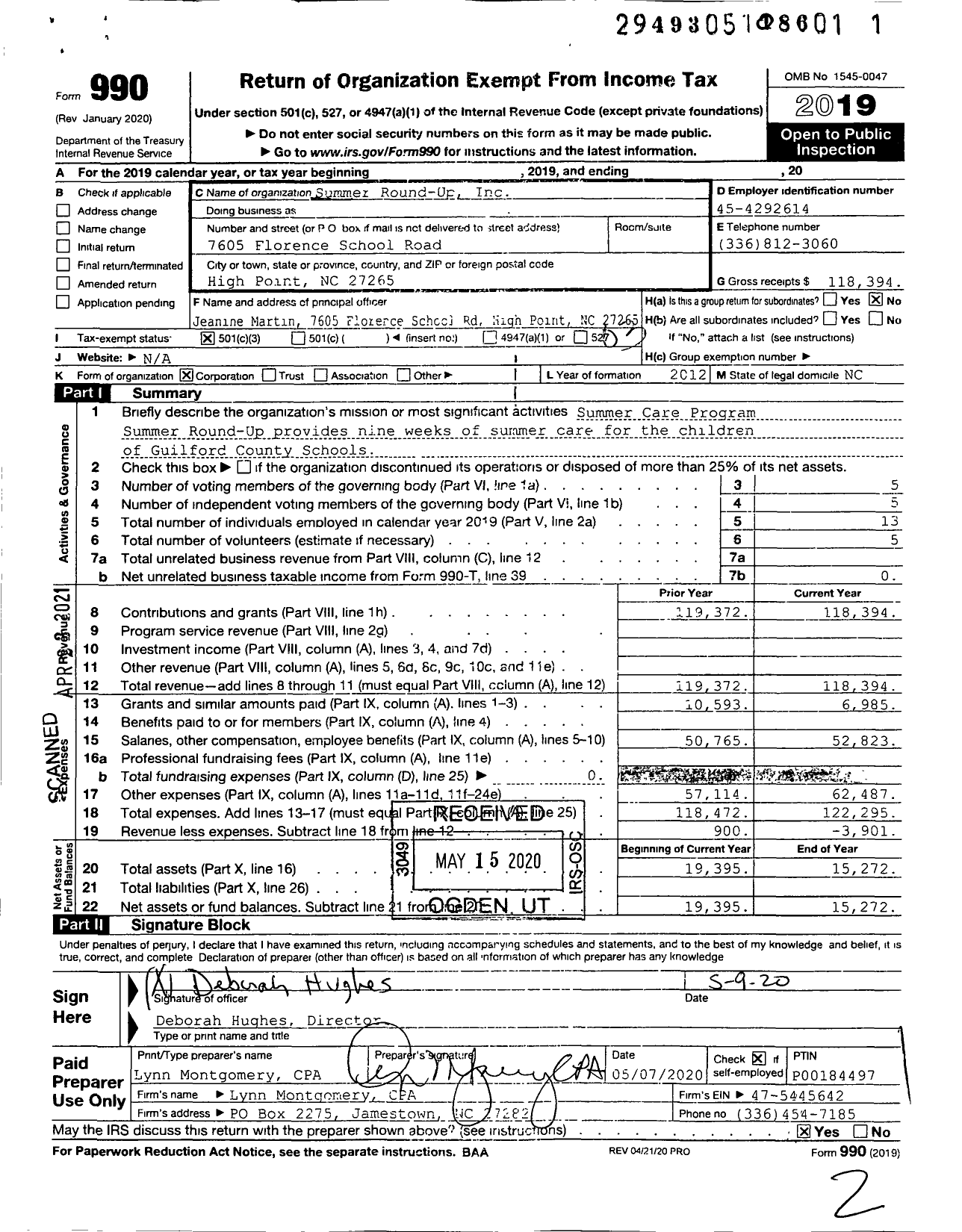 Image of first page of 2019 Form 990 for Summer Round-Up