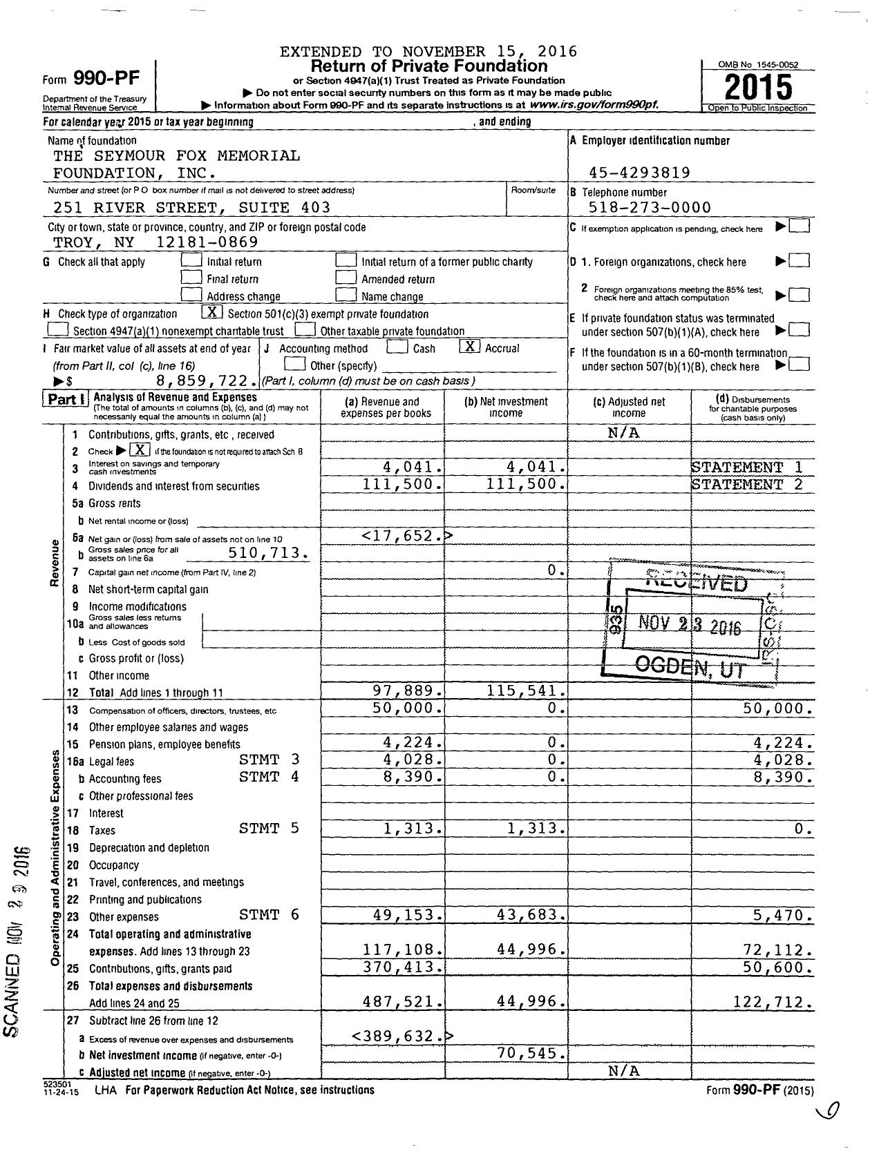 Image of first page of 2015 Form 990PF for The Seymour Fox Memorial Foundation