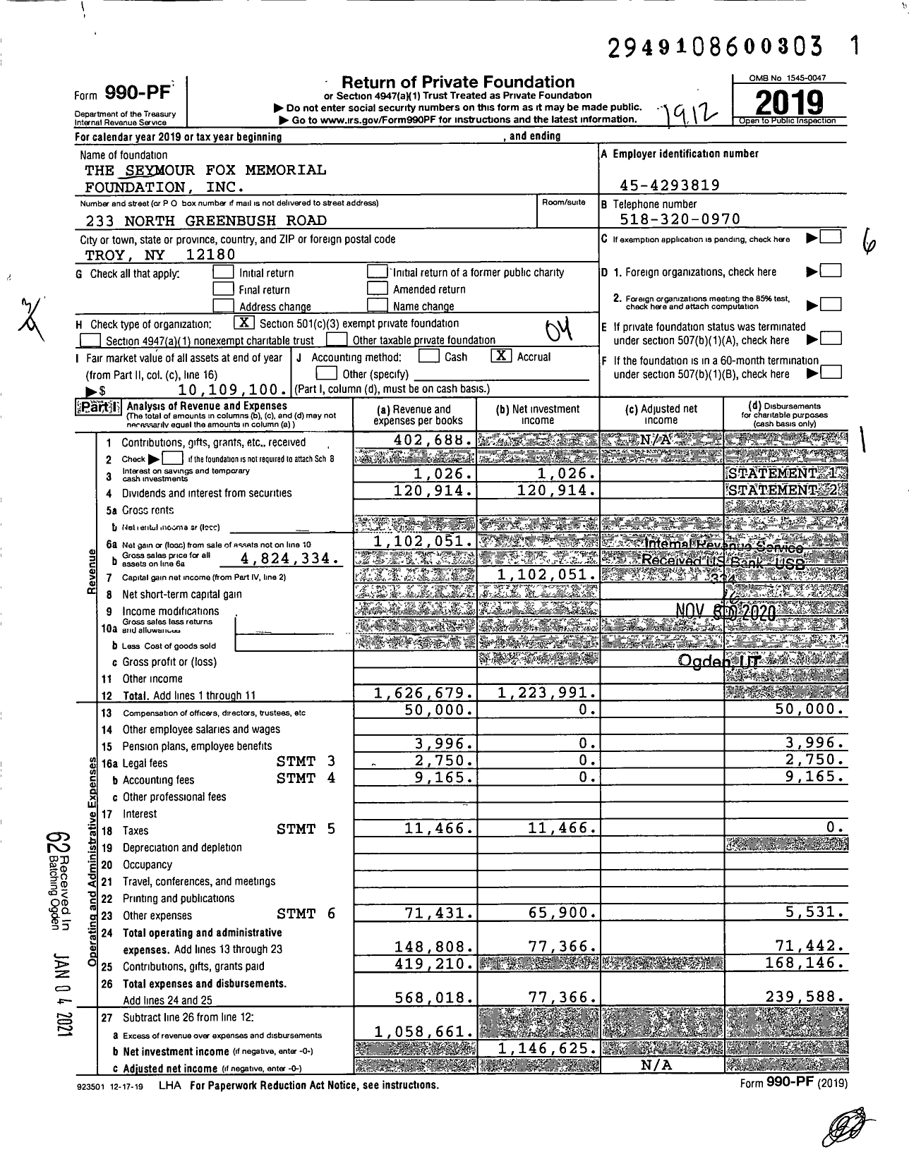 Image of first page of 2019 Form 990PF for The Seymour Fox Memorial Foundation