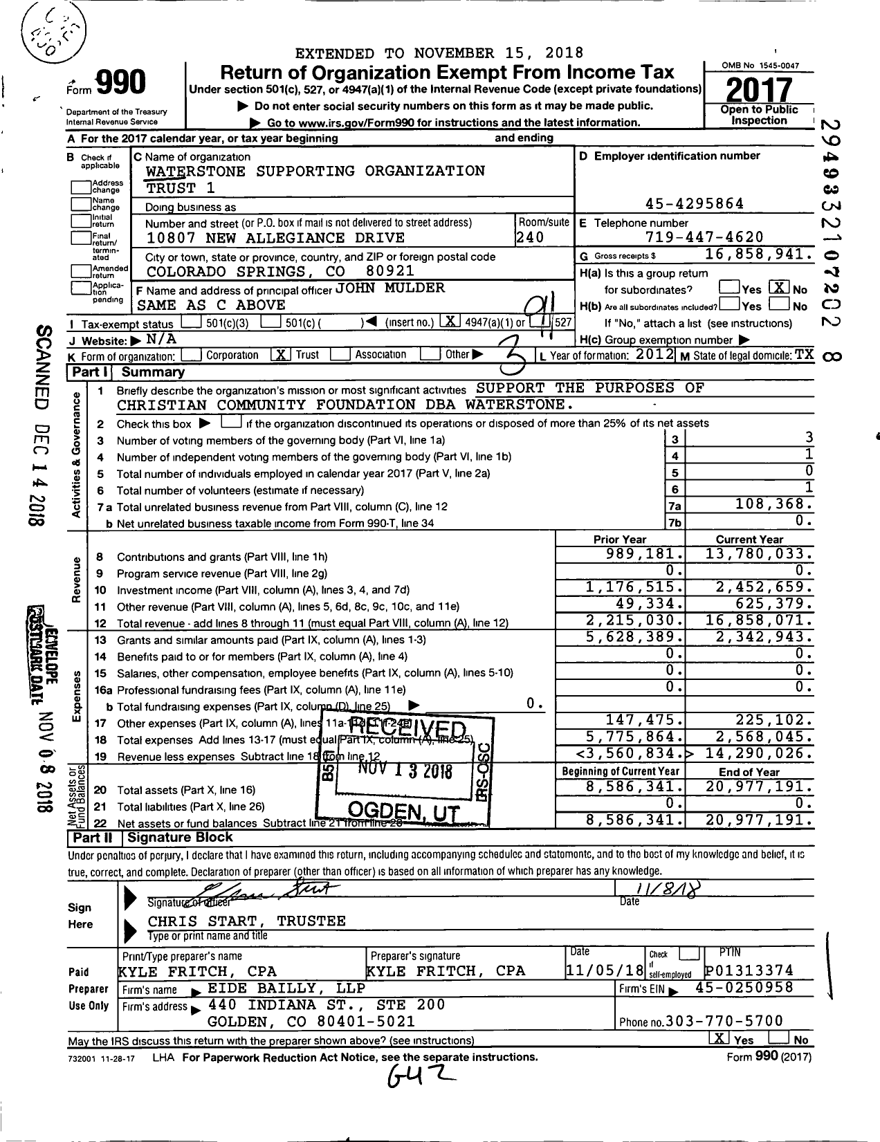 Image of first page of 2017 Form 990O for Waterstone Supporting Organization Trust 1