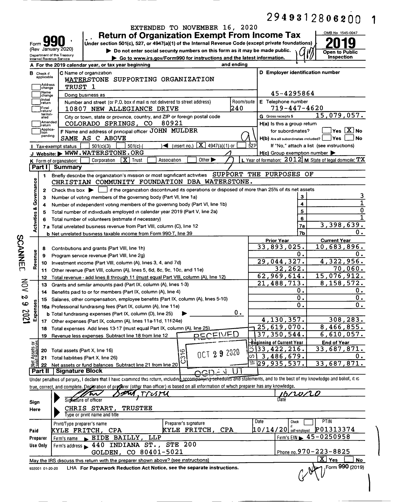 Image of first page of 2019 Form 990O for Waterstone Supporting Organization Trust 1