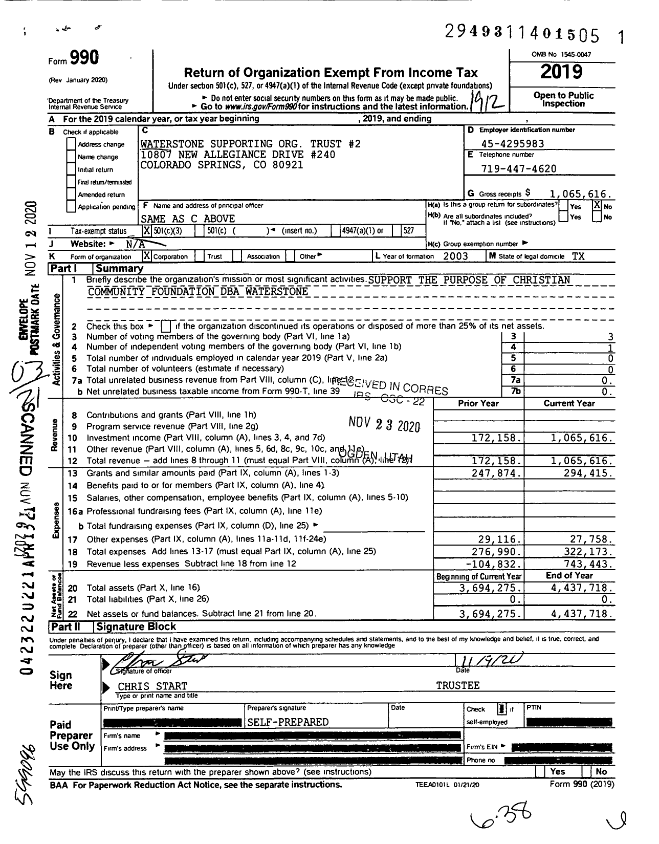 Image of first page of 2019 Form 990 for WaterStone Supporting Org Trust 2