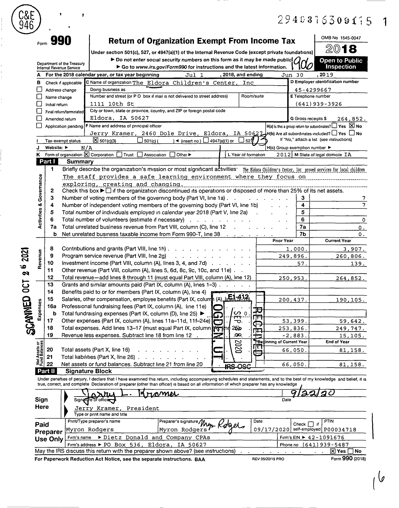 Image of first page of 2018 Form 990 for The Eldora Children's Center