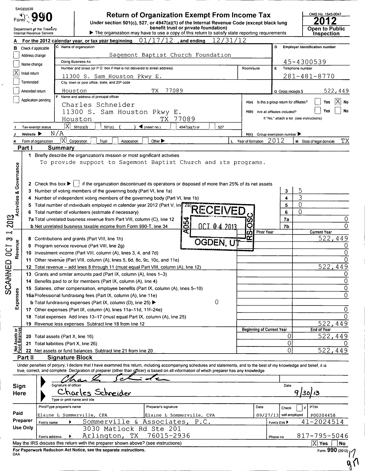 Image of first page of 2012 Form 990 for Sagemont Baptist Church Foundation