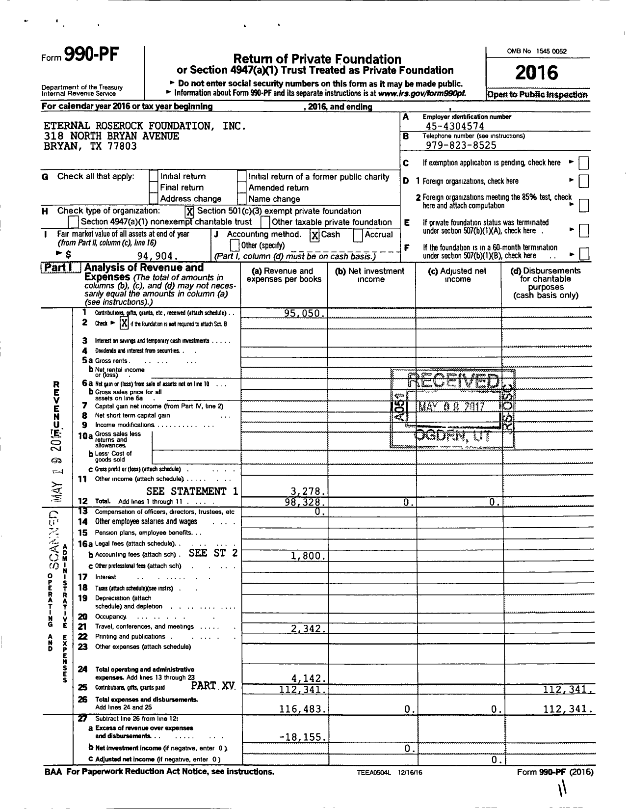 Image of first page of 2016 Form 990PF for Eternal RoseRock Foundation