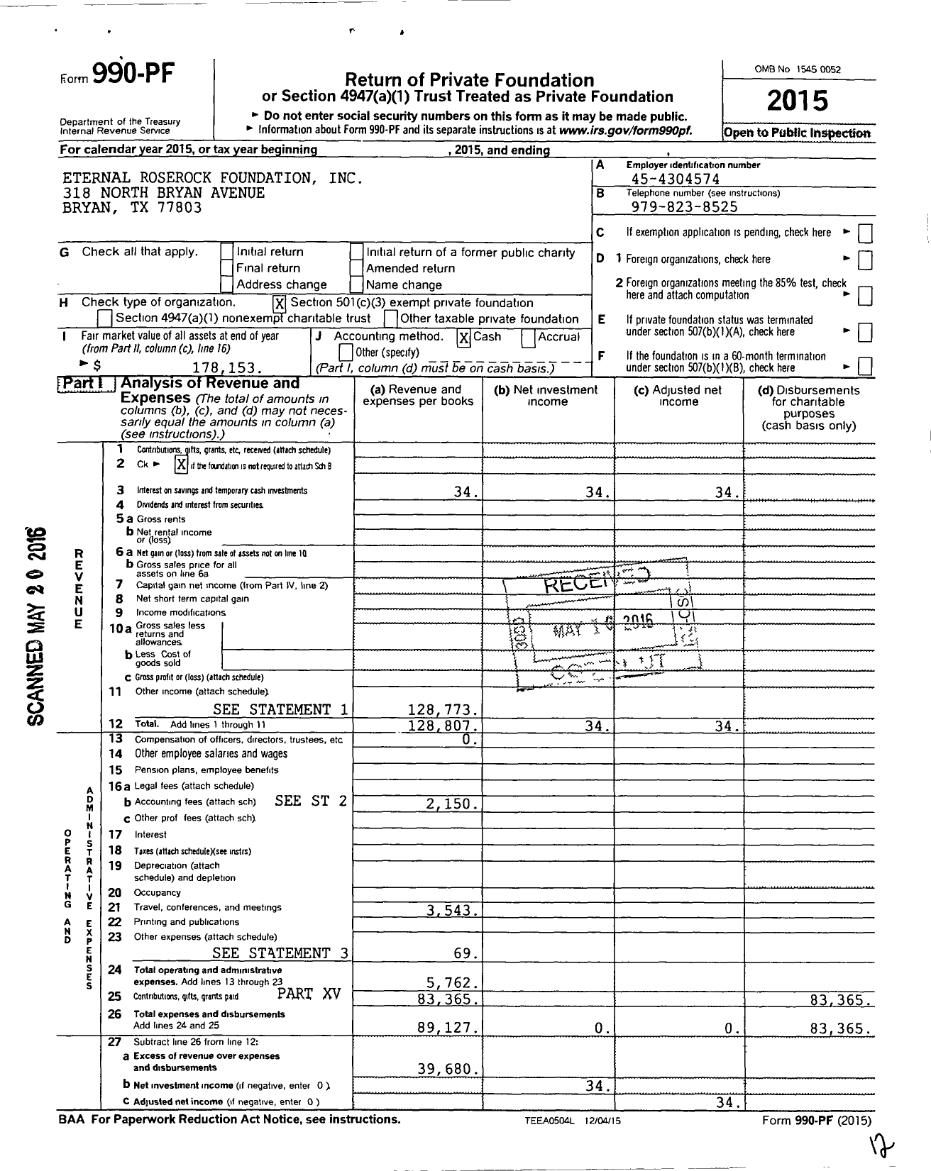 Image of first page of 2015 Form 990PF for Eternal RoseRock Foundation