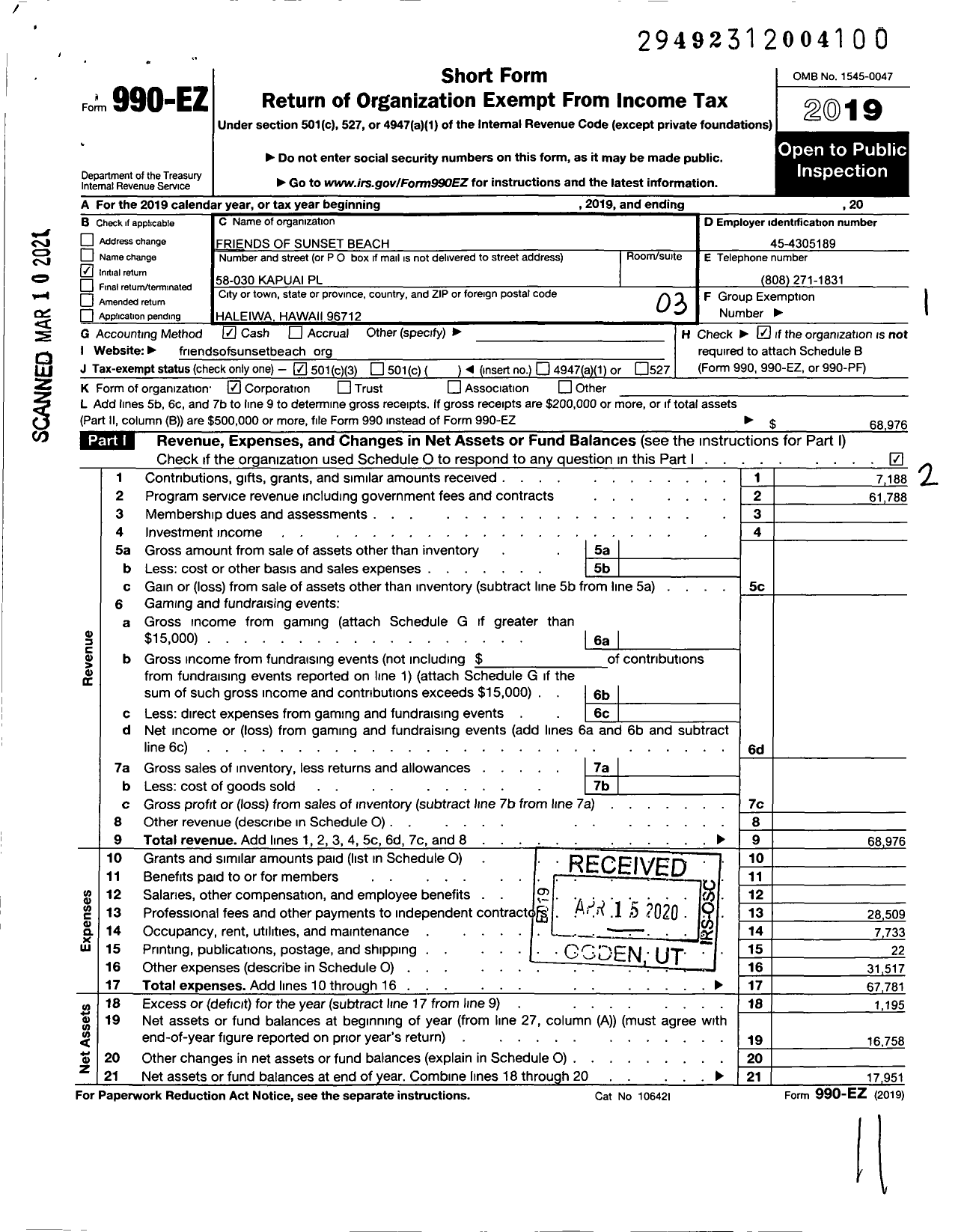 Image of first page of 2019 Form 990EZ for Friends of Sunset Beach