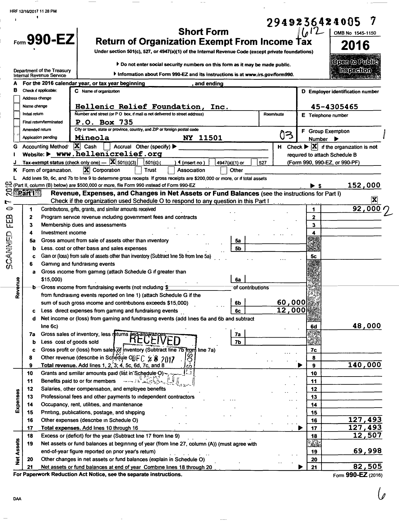 Image of first page of 2016 Form 990EZ for Hellenic Relief Foundation Inc Hellenic Relief Foundation