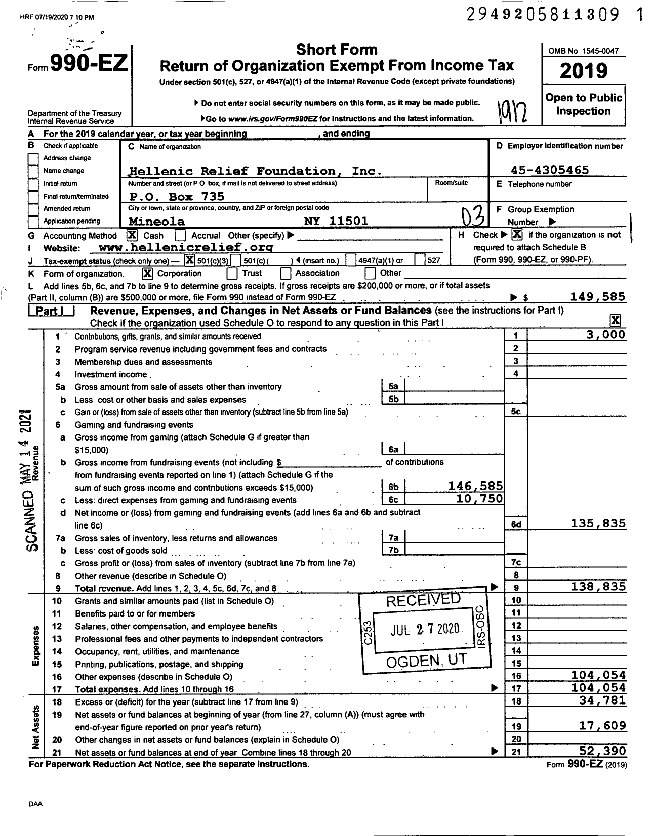 Image of first page of 2019 Form 990EZ for Hellenic Relief Foundation Inc Hellenic Relief Foundation