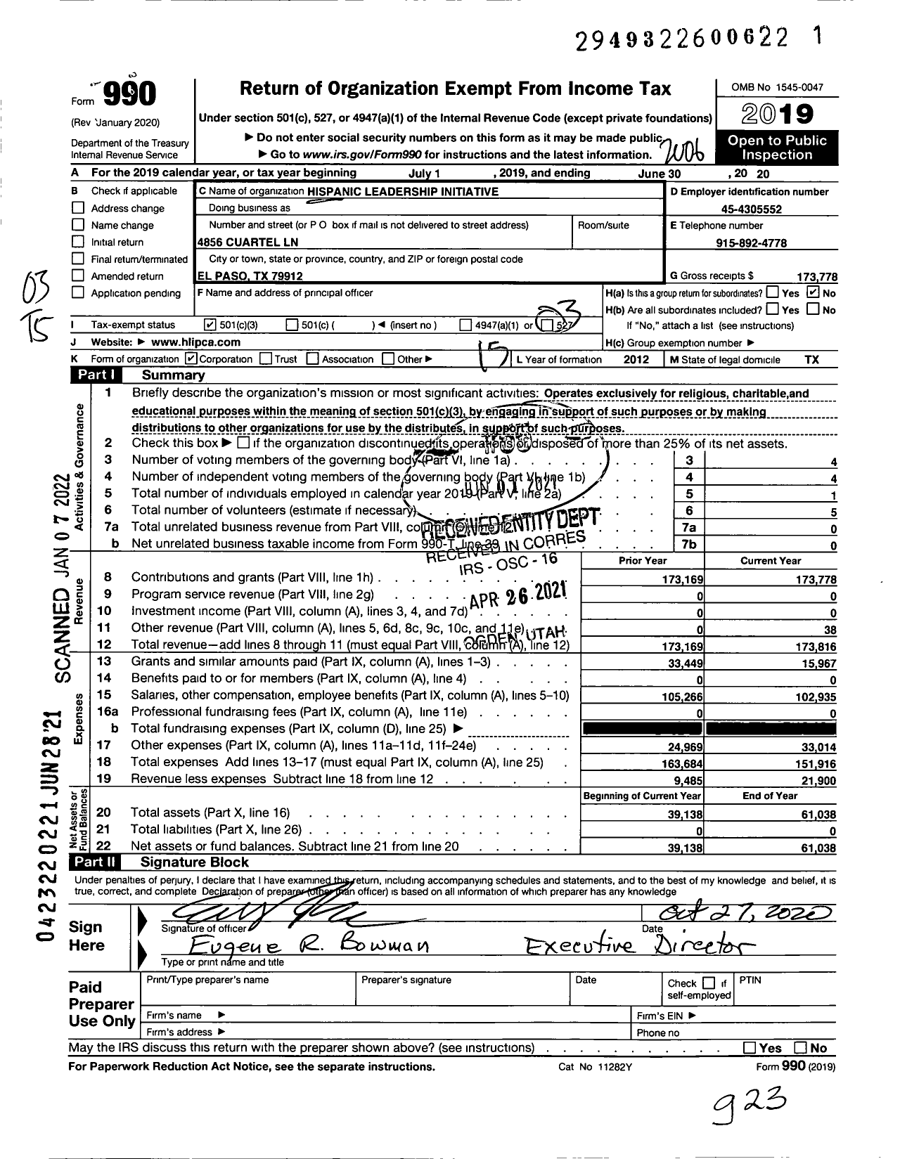 Image of first page of 2019 Form 990 for Hispanic Leadership Initiative