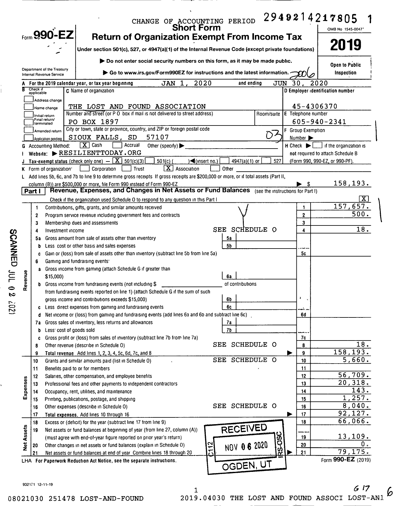 Image of first page of 2019 Form 990EZ for The Lost and Found Association