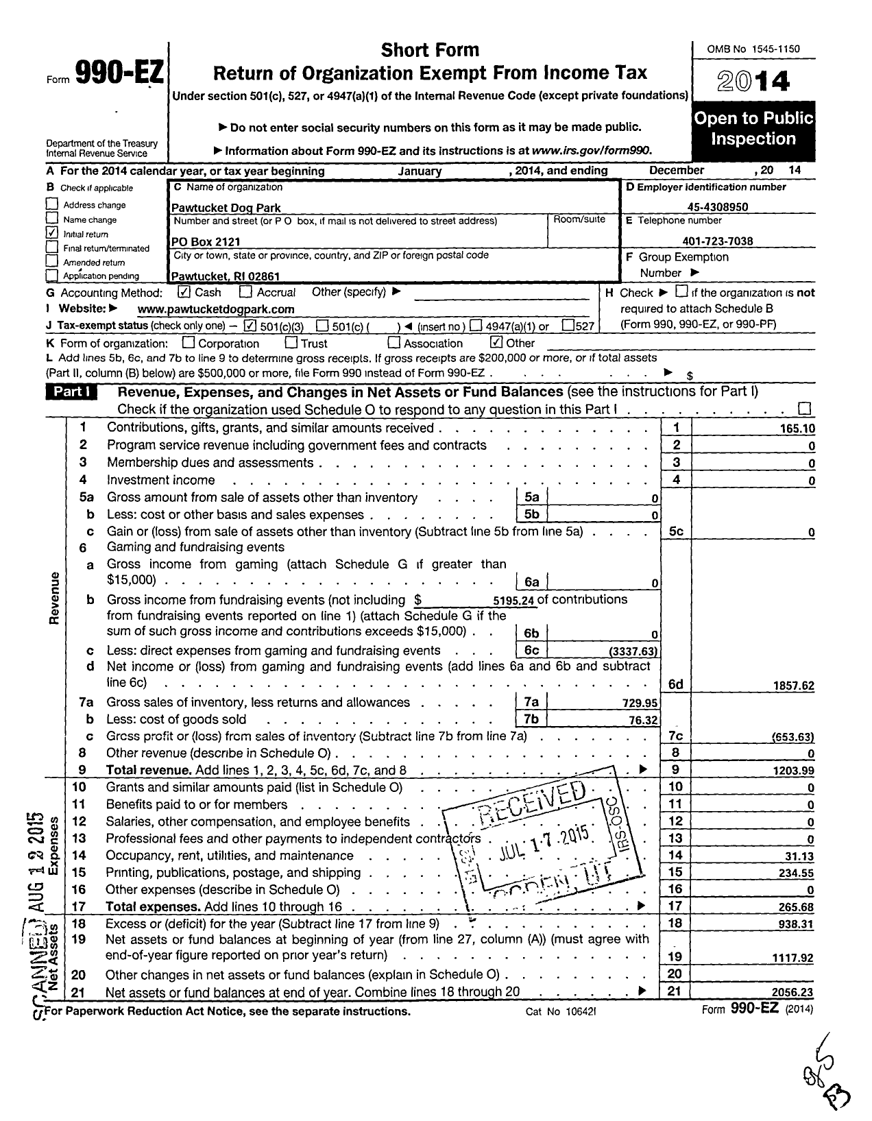 Image of first page of 2014 Form 990EZ for Pawtucket Dog Park Committee