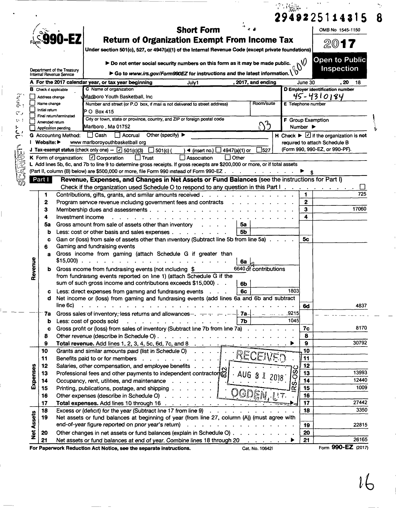 Image of first page of 2017 Form 990EZ for Marlboro Youth Basketball