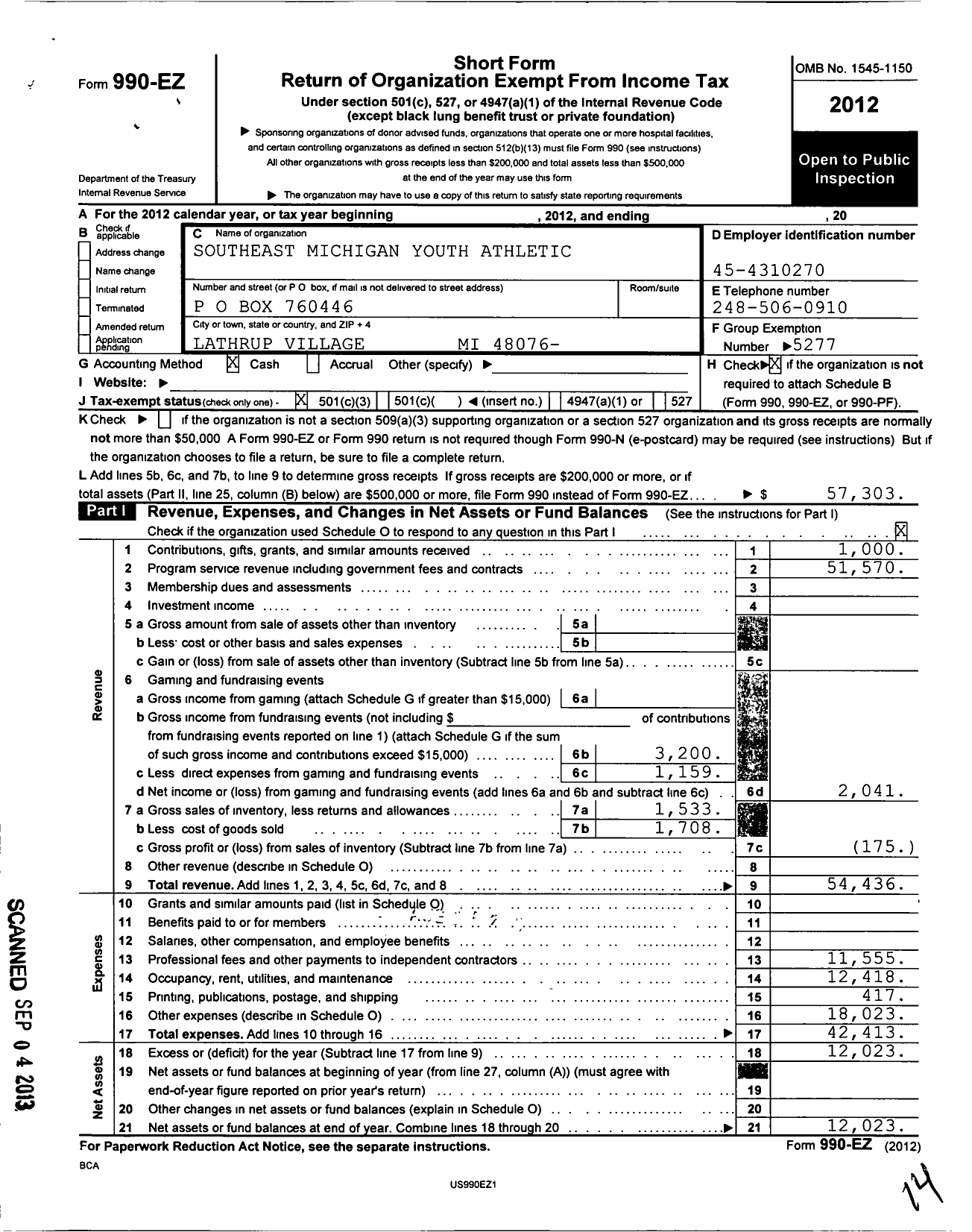 Image of first page of 2012 Form 990EZ for American Youth Football - Southeast Michigan Youth Athletic