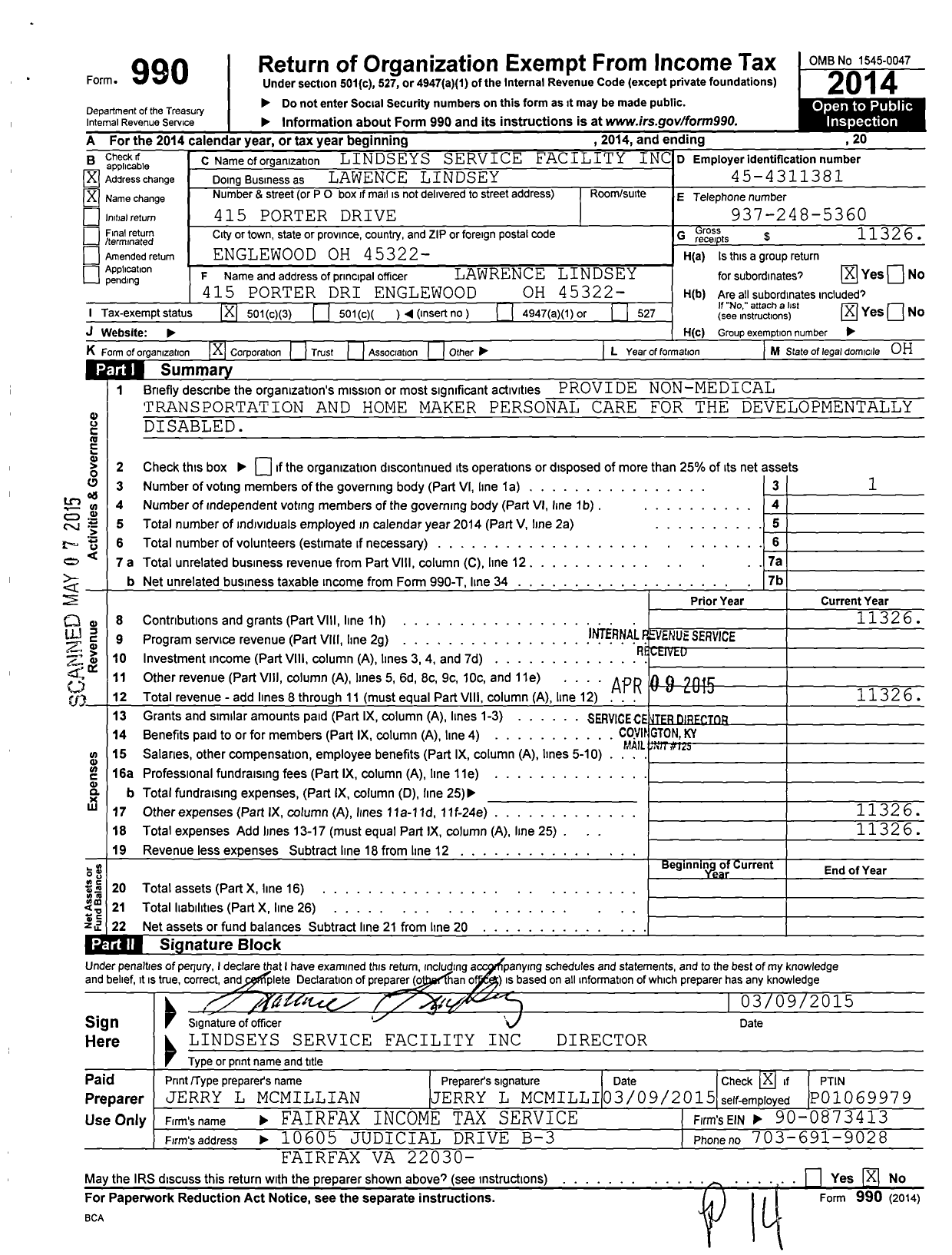 Image of first page of 2014 Form 990 for Lindseys Service Facility