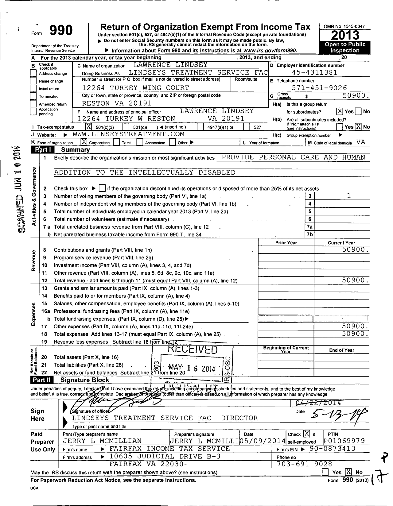 Image of first page of 2013 Form 990 for Lindseys Service Facility