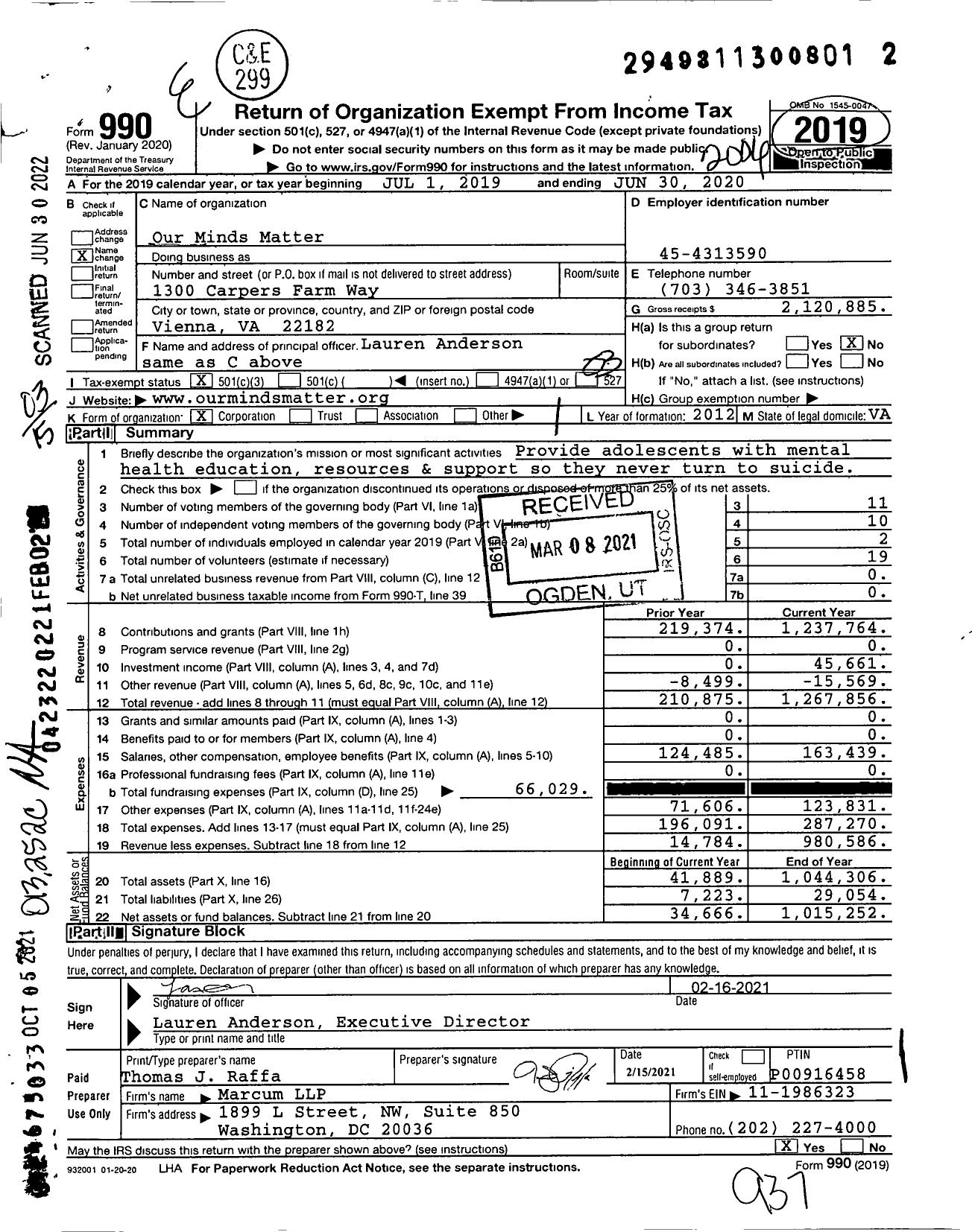 Image of first page of 2019 Form 990 for Our Minds Matter