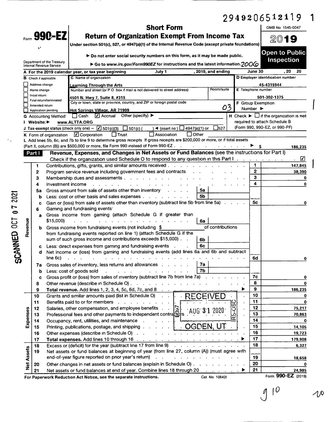 Image of first page of 2019 Form 990EZ for Arkansas Learning Through the Arts