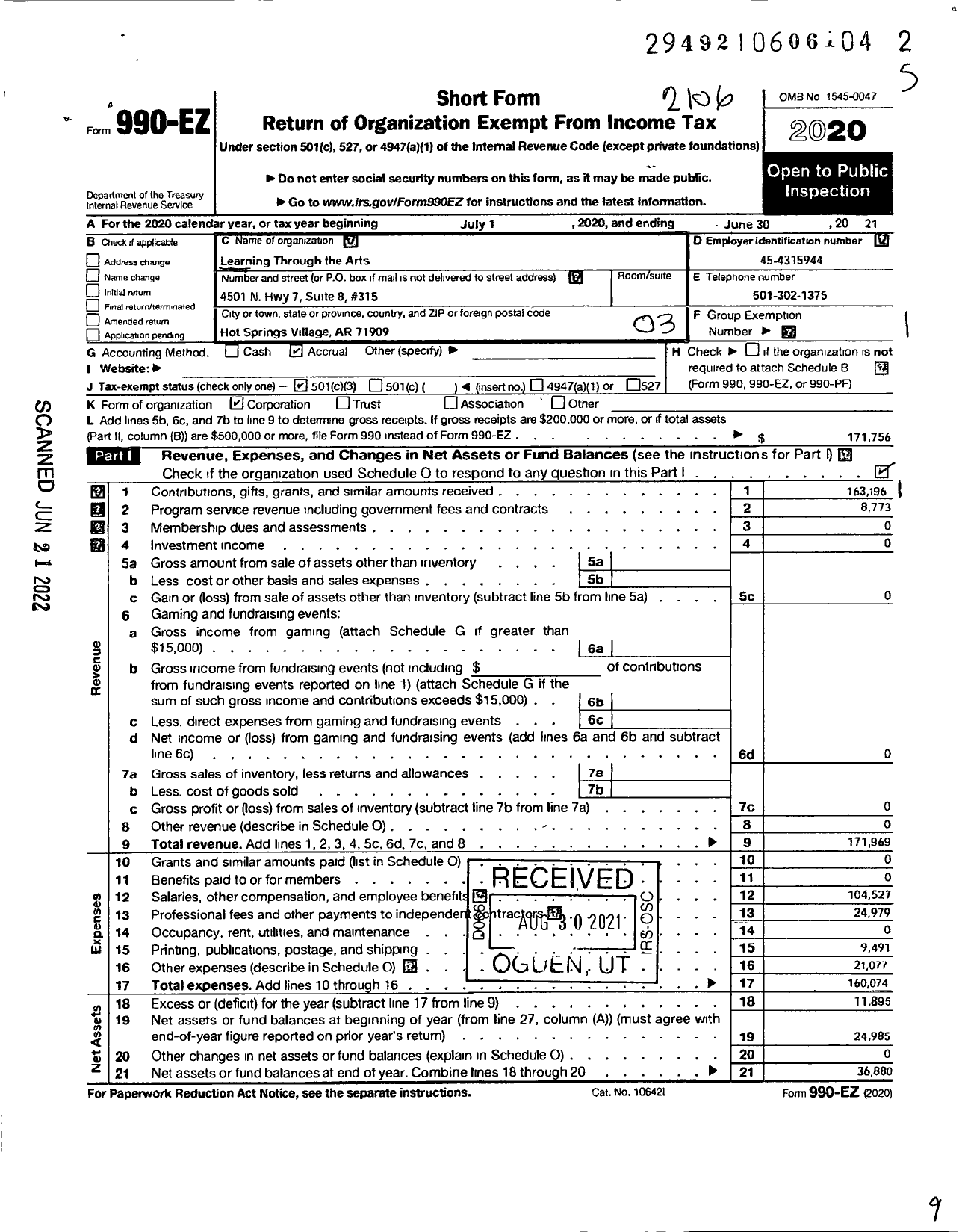 Image of first page of 2020 Form 990EZ for Arkansas Learning Through the Arts