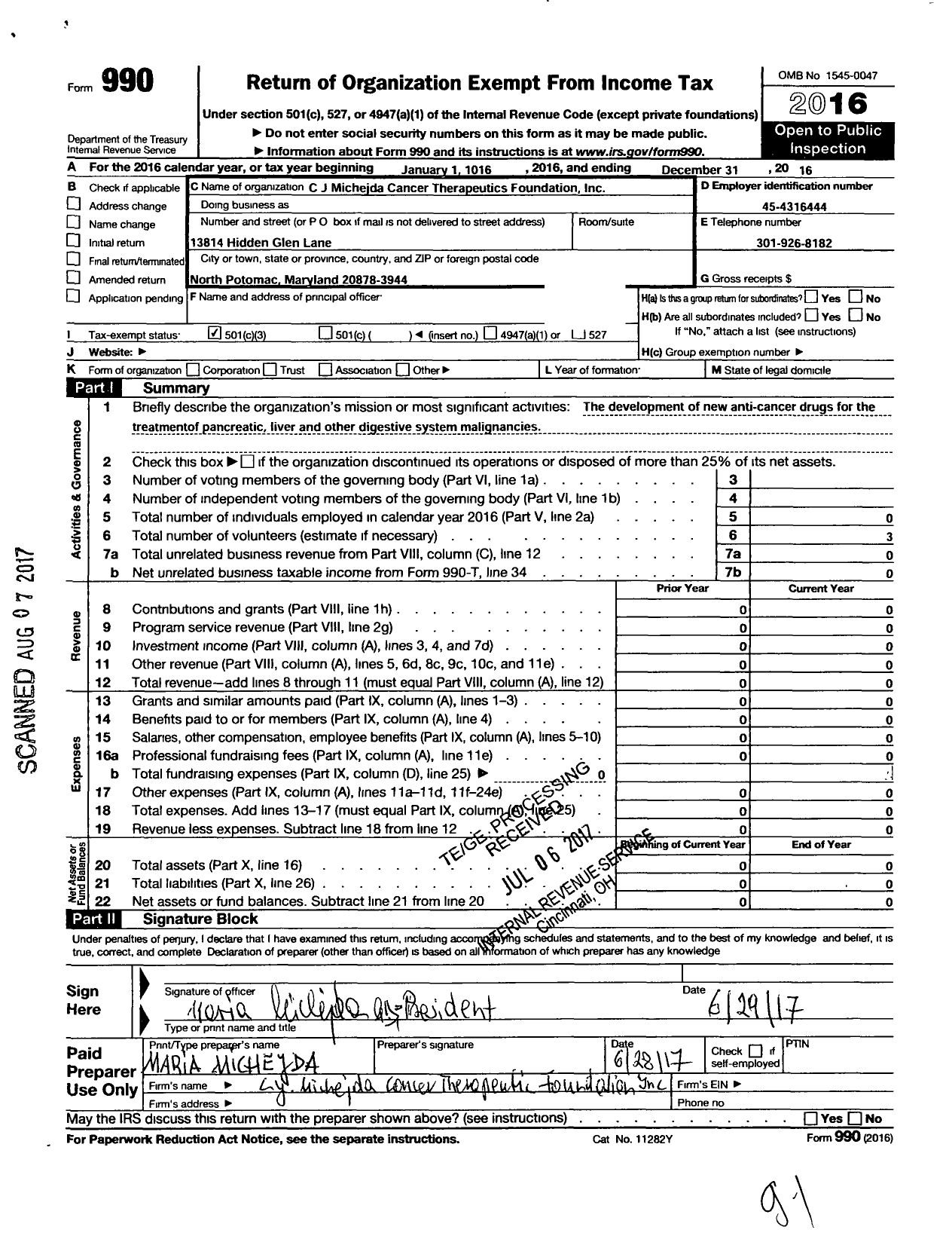 Image of first page of 2016 Form 990 for C J Michejda Cancer Therpeutics Foundation