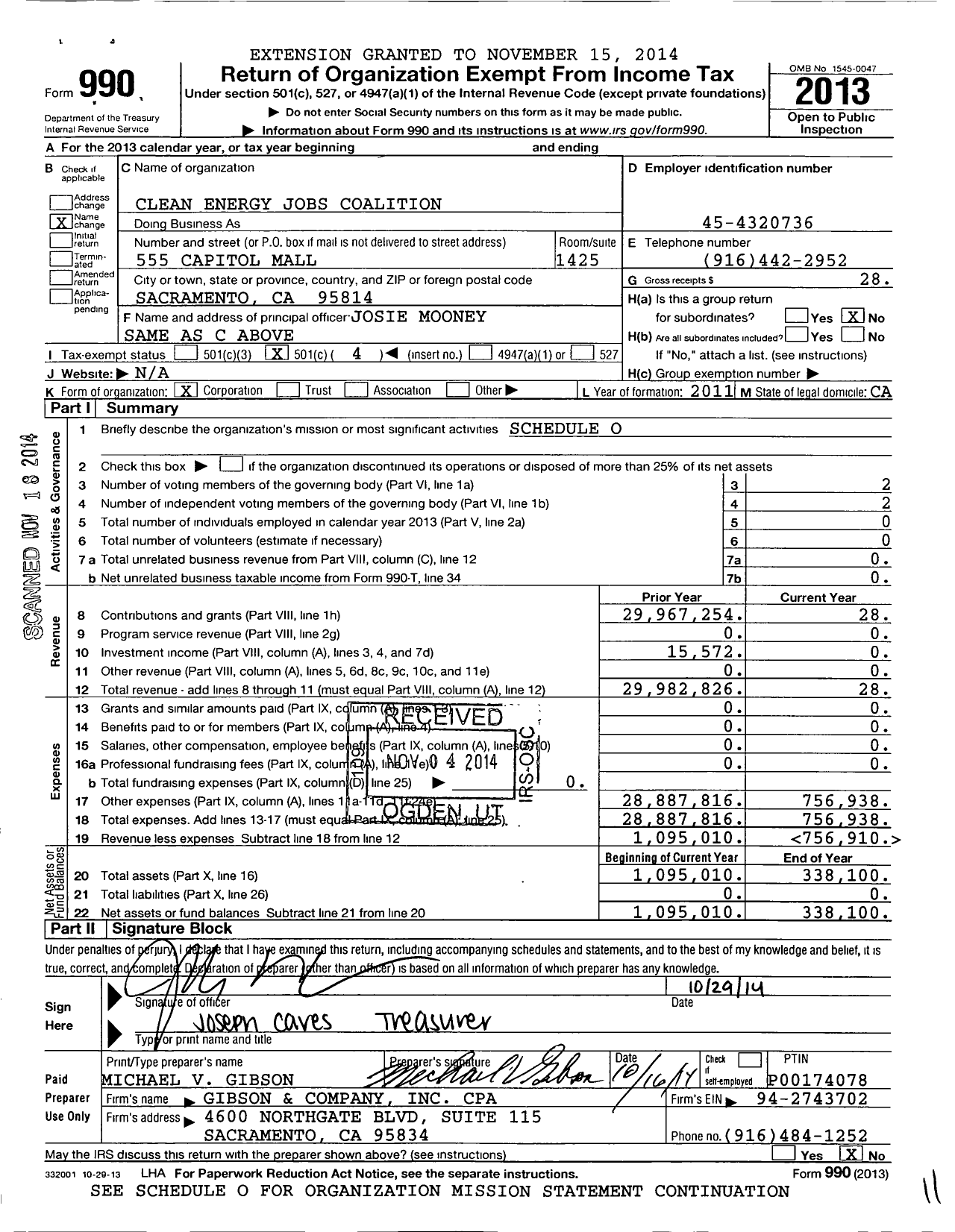 Image of first page of 2013 Form 990O for Clean Energy Jobs Coalition Account Administration