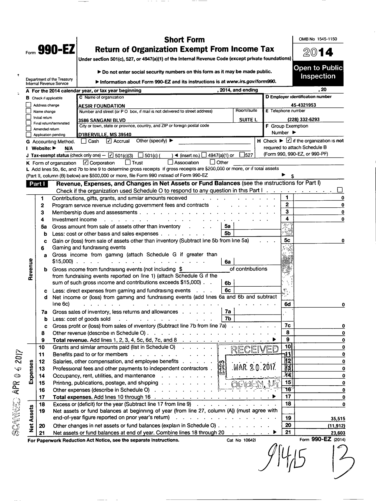 Image of first page of 2014 Form 990EZ for Aesir Foundation