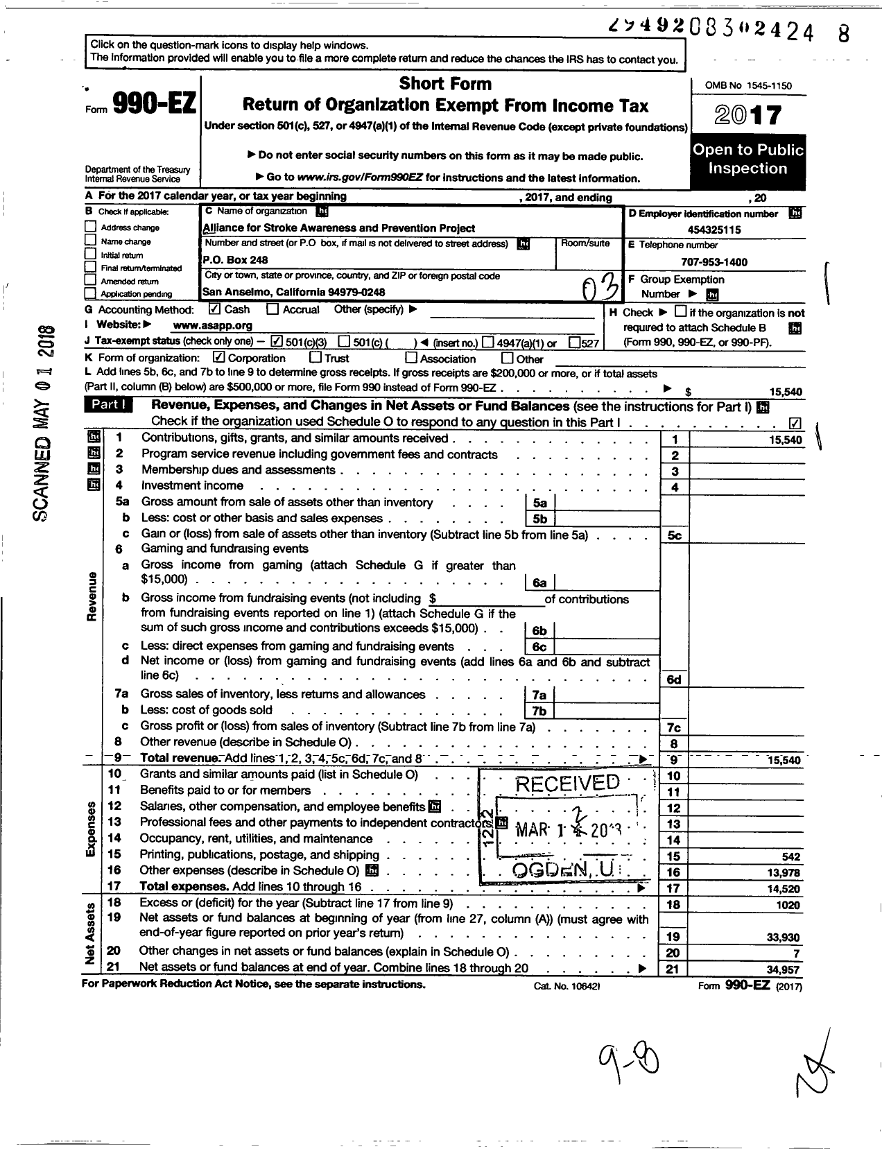 Image of first page of 2017 Form 990EZ for Alliance for Stroke Awareness and Prevention Project