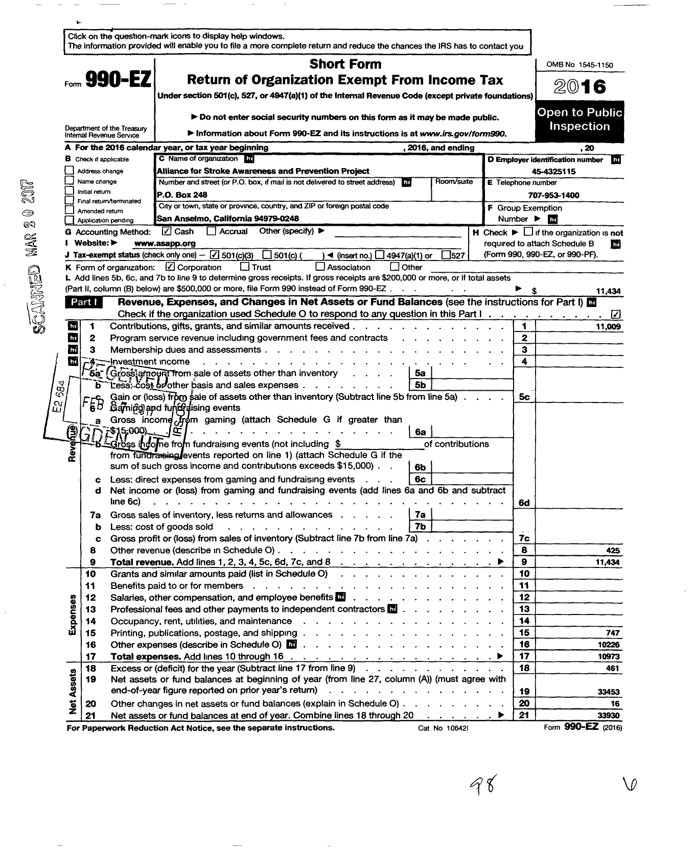 Image of first page of 2016 Form 990EZ for Alliance for Stroke Awareness and Prevention Project