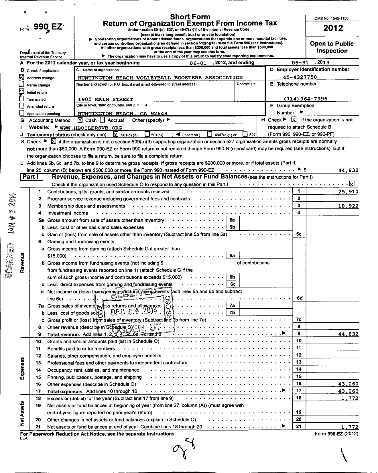 Image of first page of 2012 Form 990EZ for Huntington Beach Volleyball Boosters Association