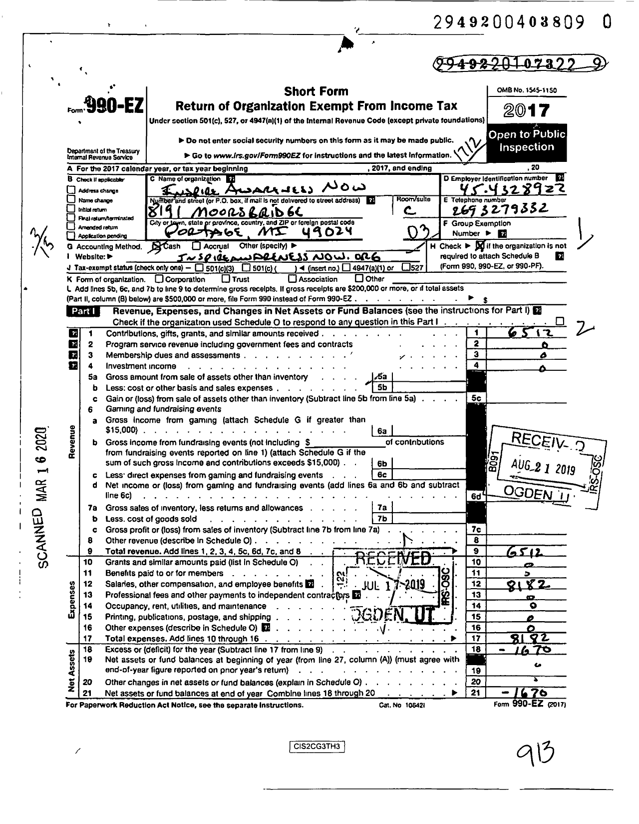 Image of first page of 2017 Form 990EZ for Inspire Awareness Now