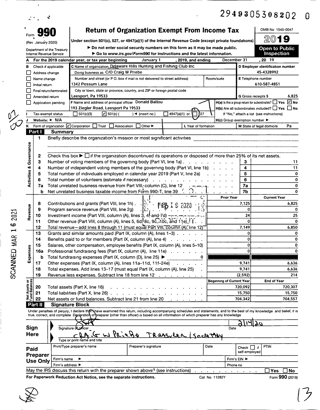 Image of first page of 2019 Form 990O for Delaware Hills Hunting and Fishing Club