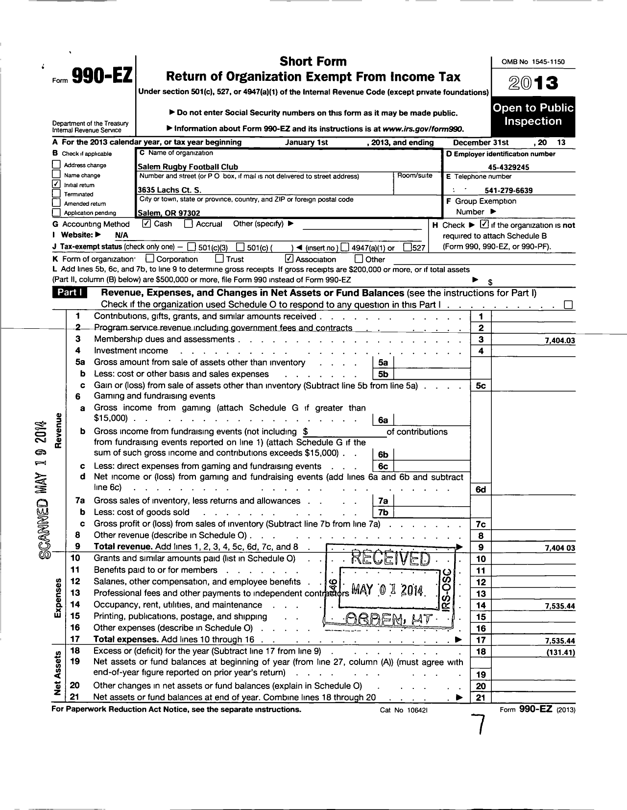 Image of first page of 2013 Form 990EO for Salem Rugby Football Club