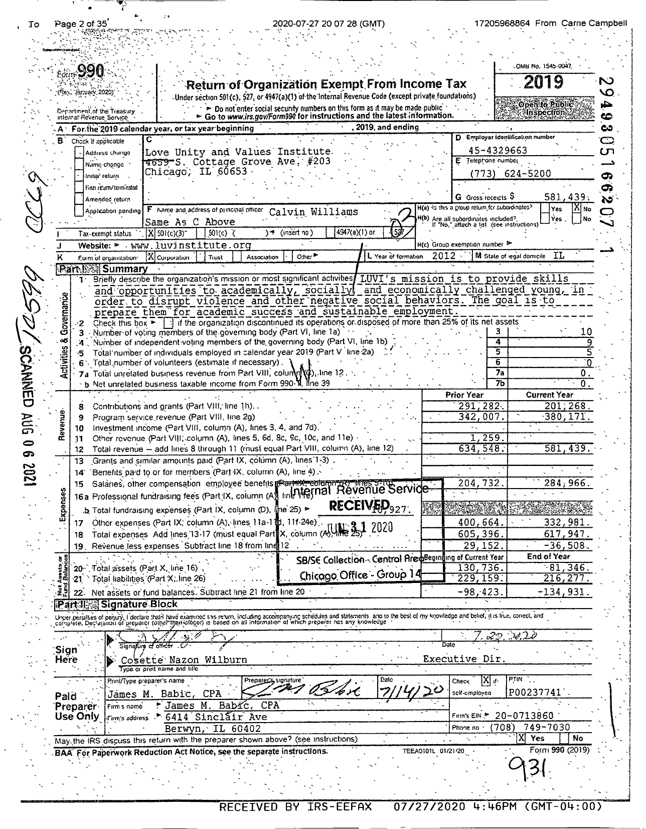 Image of first page of 2019 Form 990 for Love Unity and Values Institute