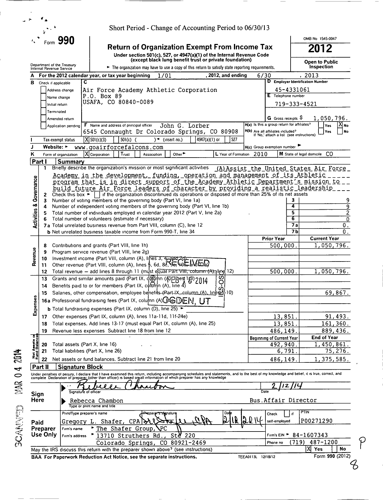 Image of first page of 2012 Form 990 for Air Force Academy Athletic Corporation