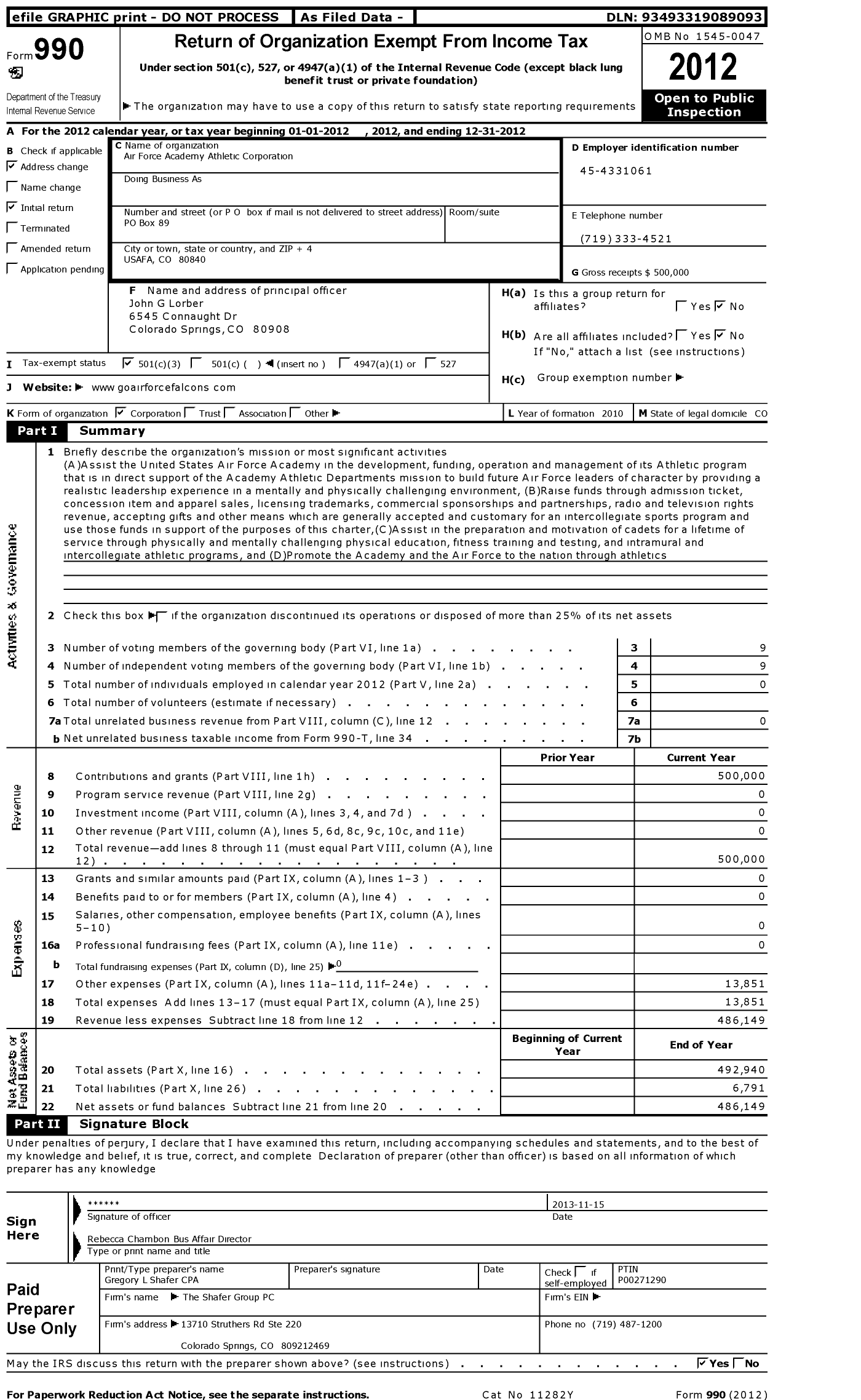 Image of first page of 2012 Form 990 for Air Force Academy Athletic Corporation