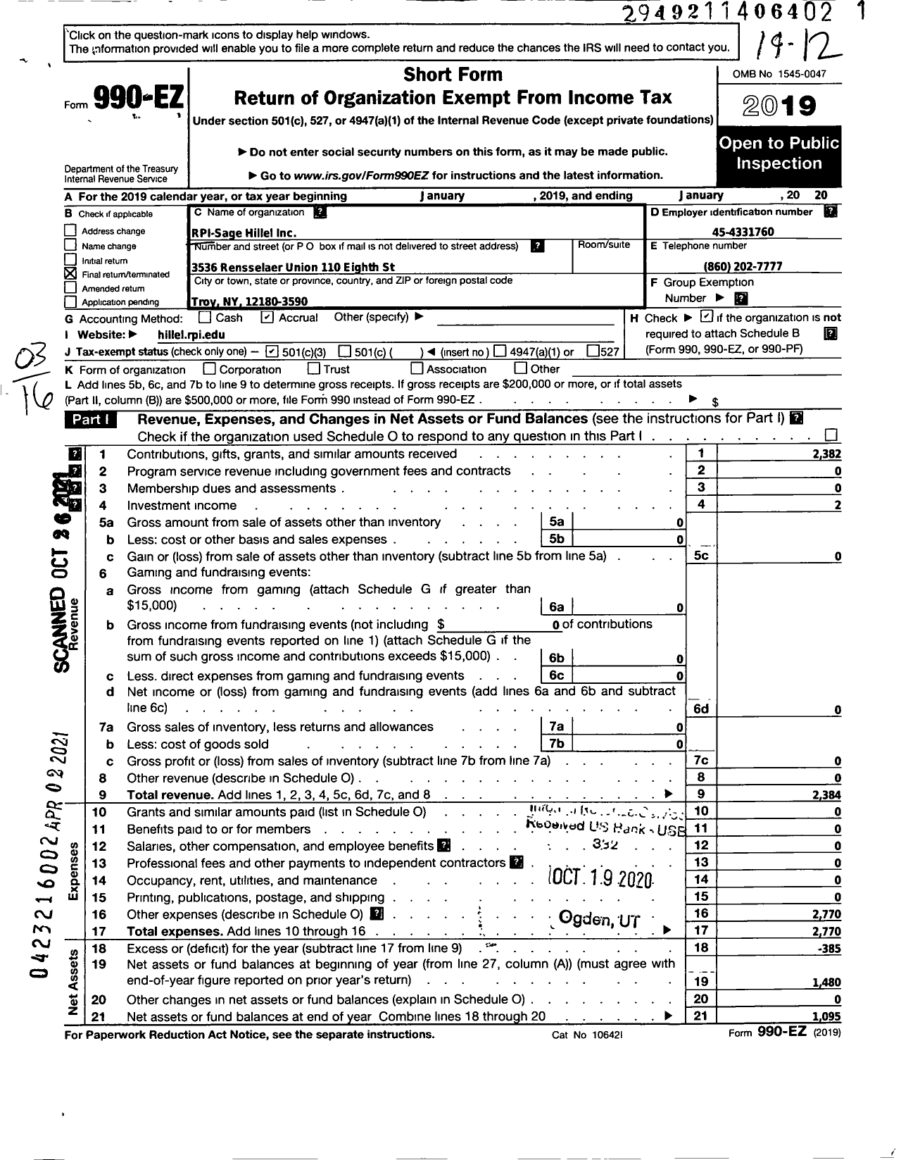 Image of first page of 2019 Form 990EZ for Rpi-Sage Hillel