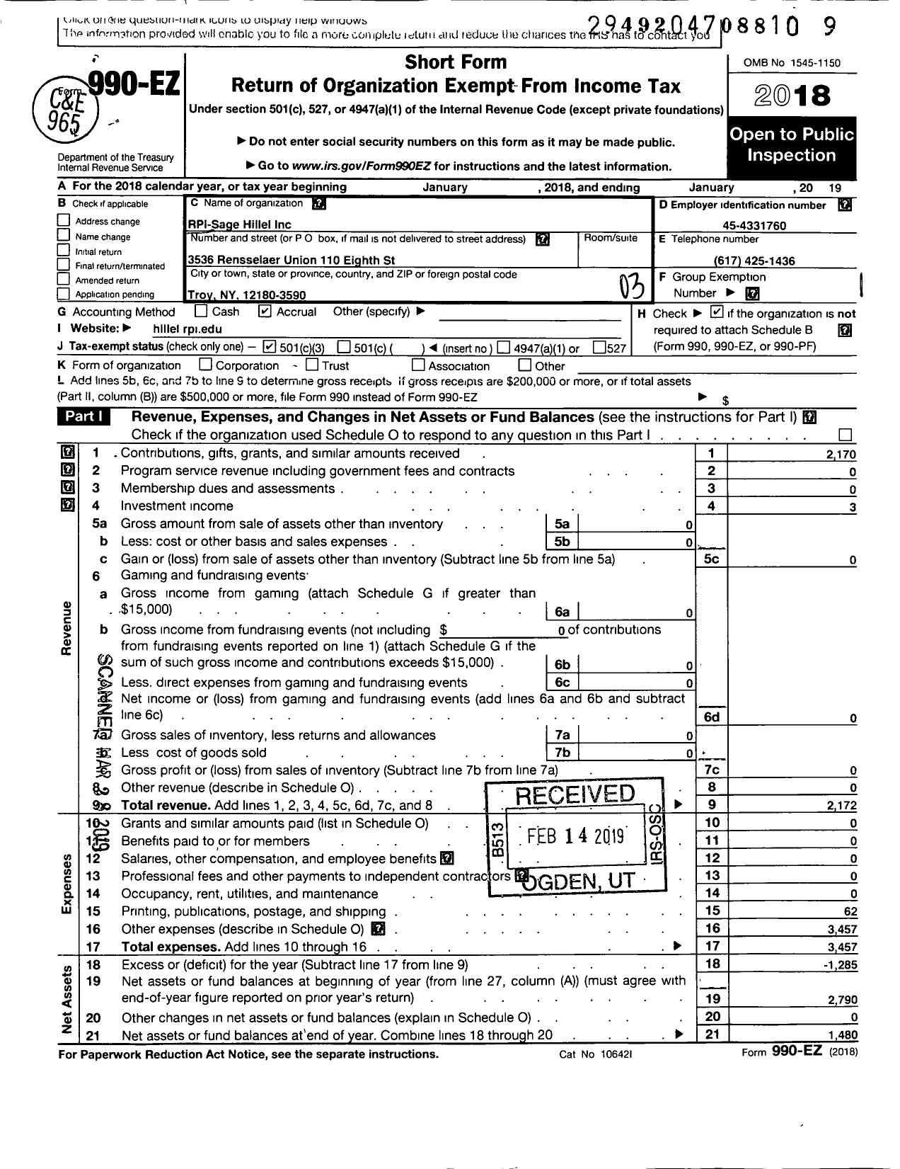 Image of first page of 2018 Form 990EZ for Rpi-Sage Hillel