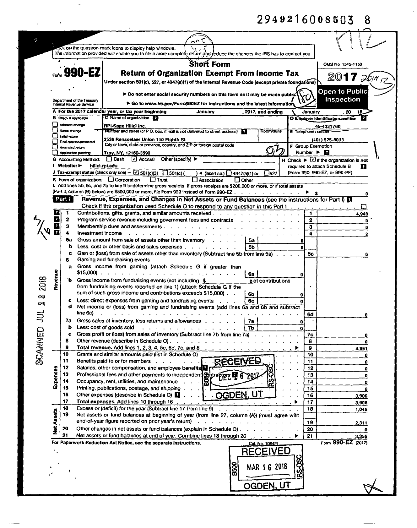 Image of first page of 2017 Form 990EZ for Rpi-Sage Hillel