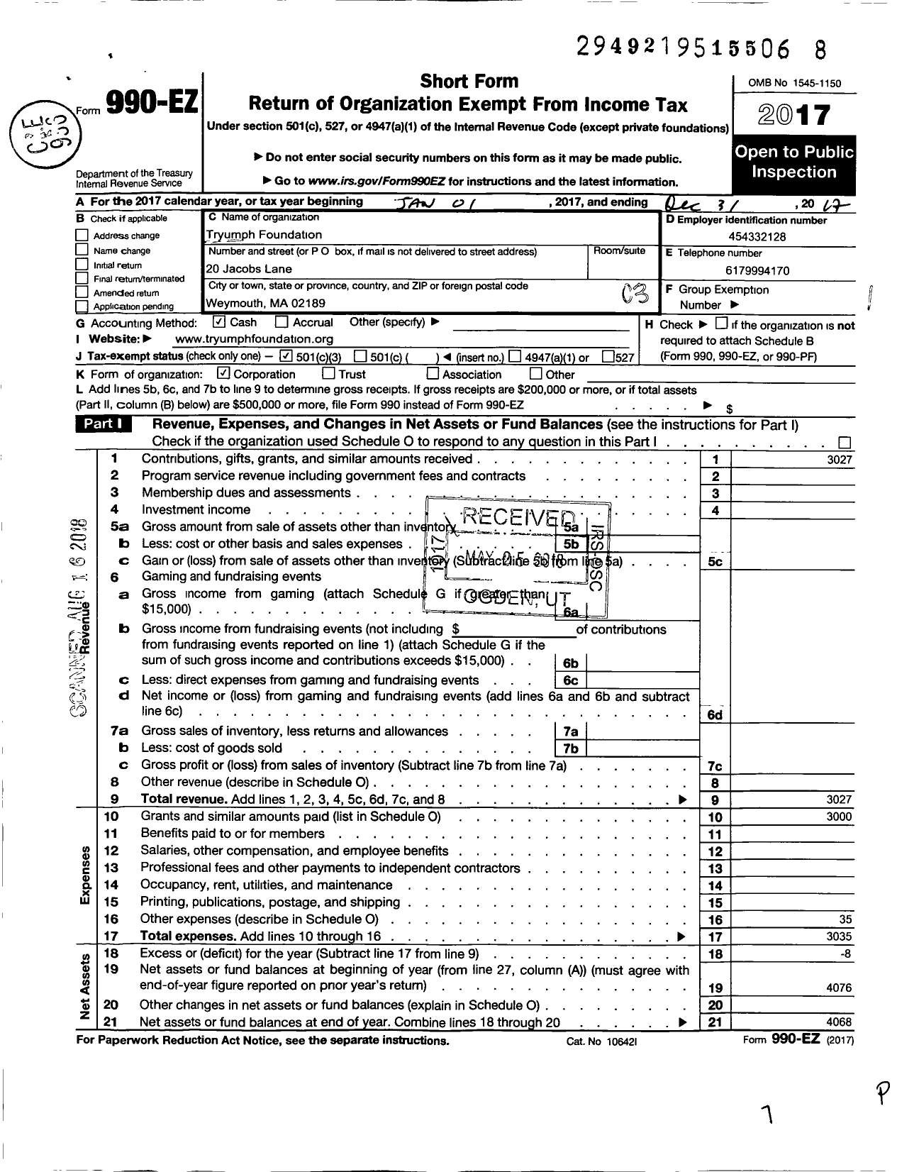 Image of first page of 2017 Form 990EZ for Tryumph Foundation