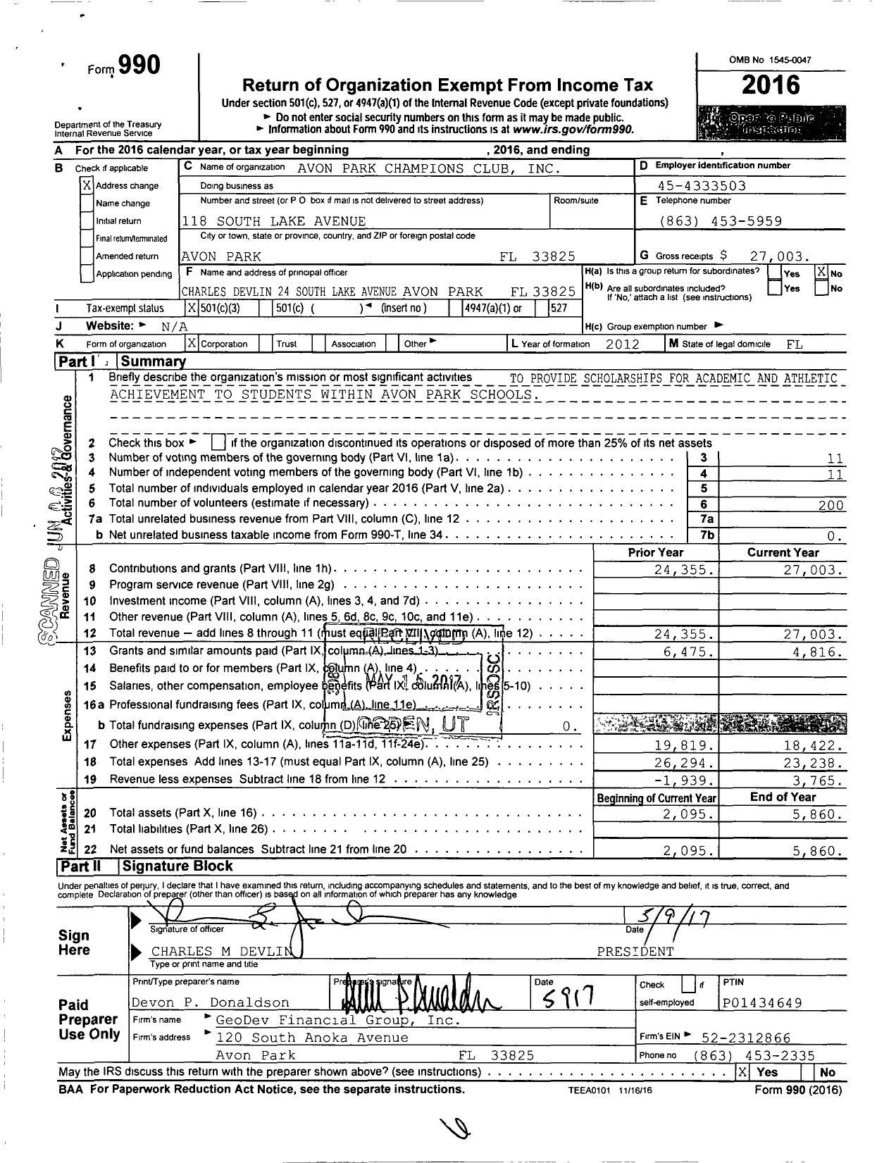 Image of first page of 2016 Form 990 for Avon Park Champions Club