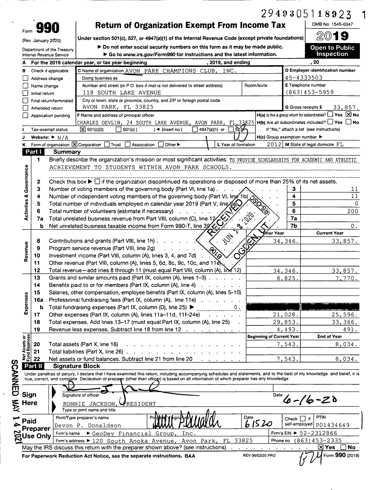 Image of first page of 2019 Form 990 for Avon Park Champions Club