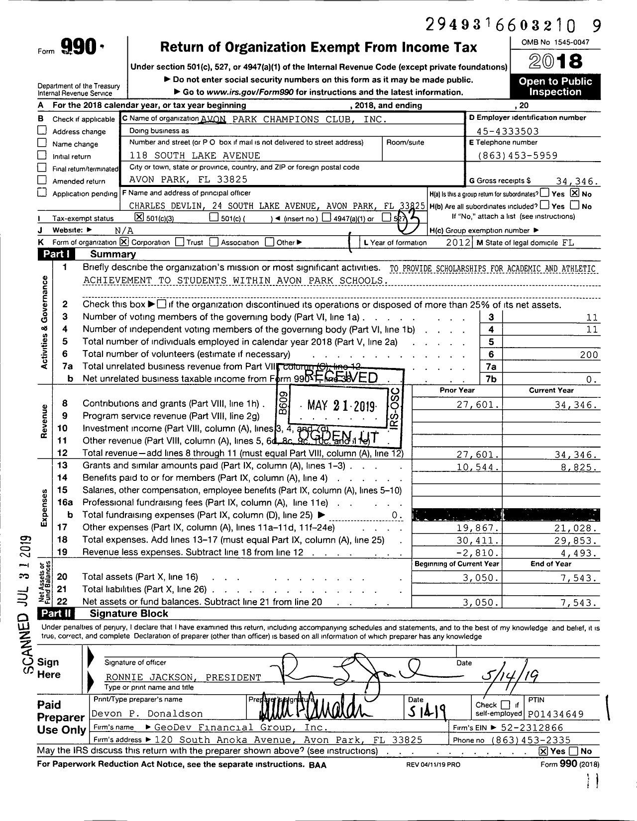 Image of first page of 2018 Form 990 for Avon Park Champions Club