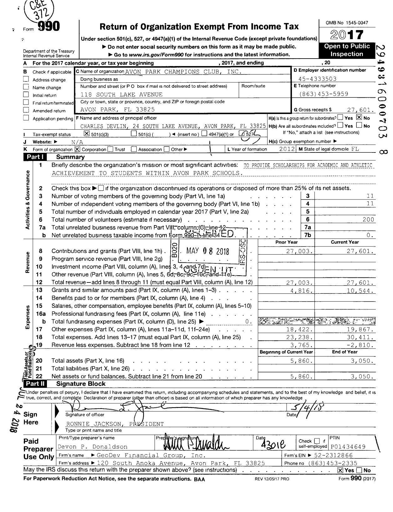 Image of first page of 2017 Form 990 for Avon Park Champions Club