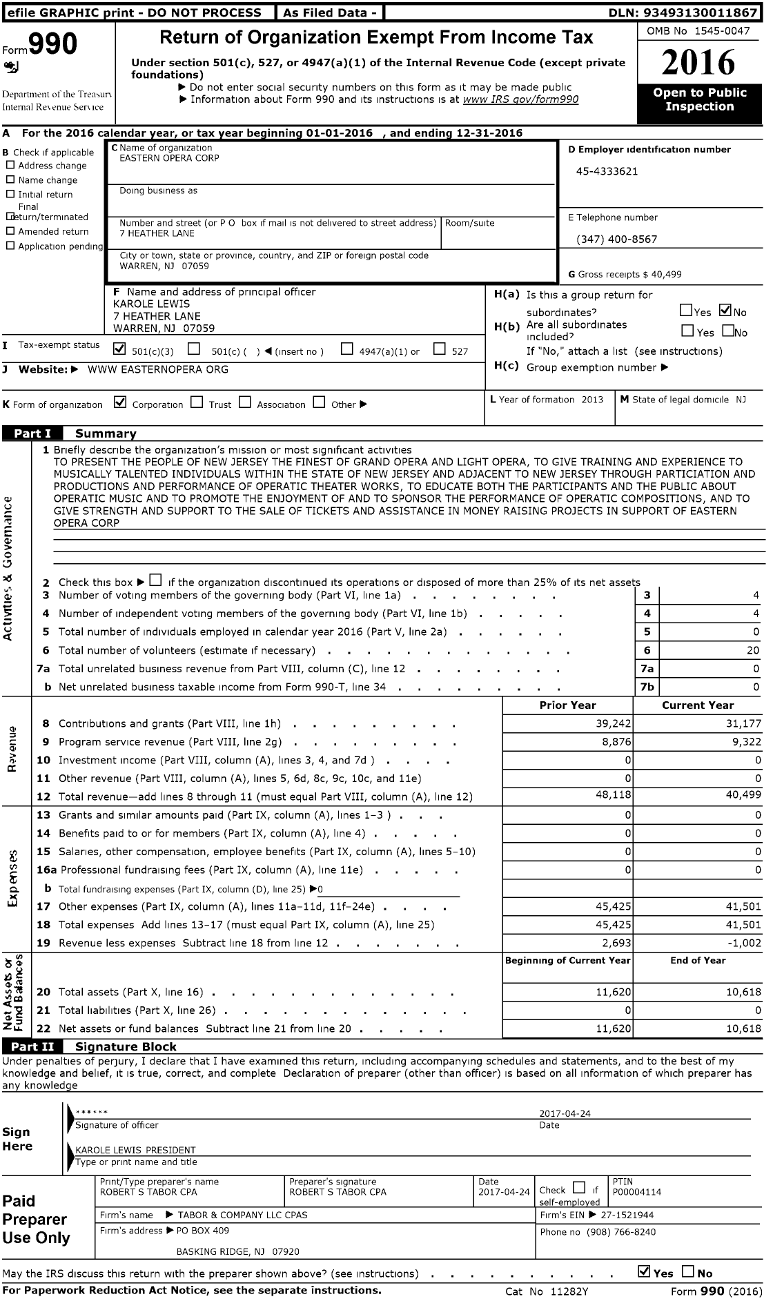 Image of first page of 2016 Form 990 for Eastern Opera Corporation