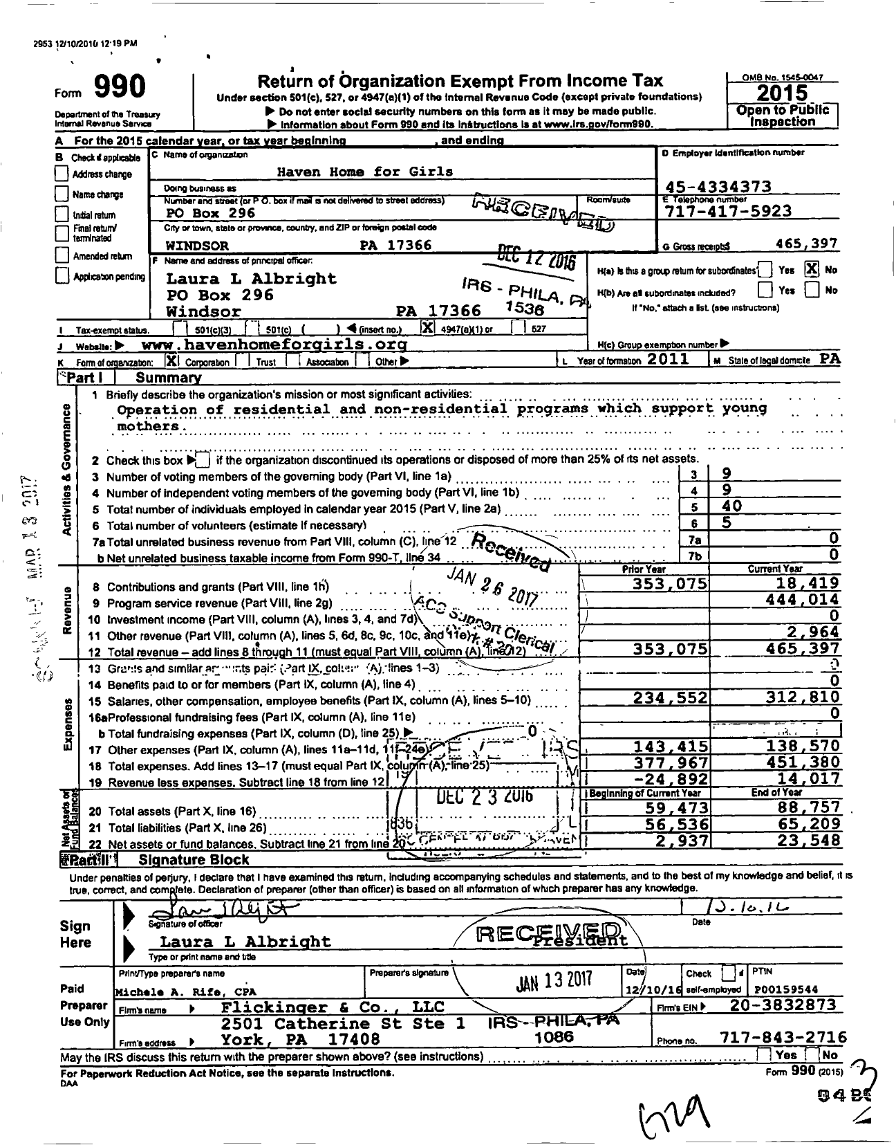 Image of first page of 2015 Form 990O for Haven Home for Girls