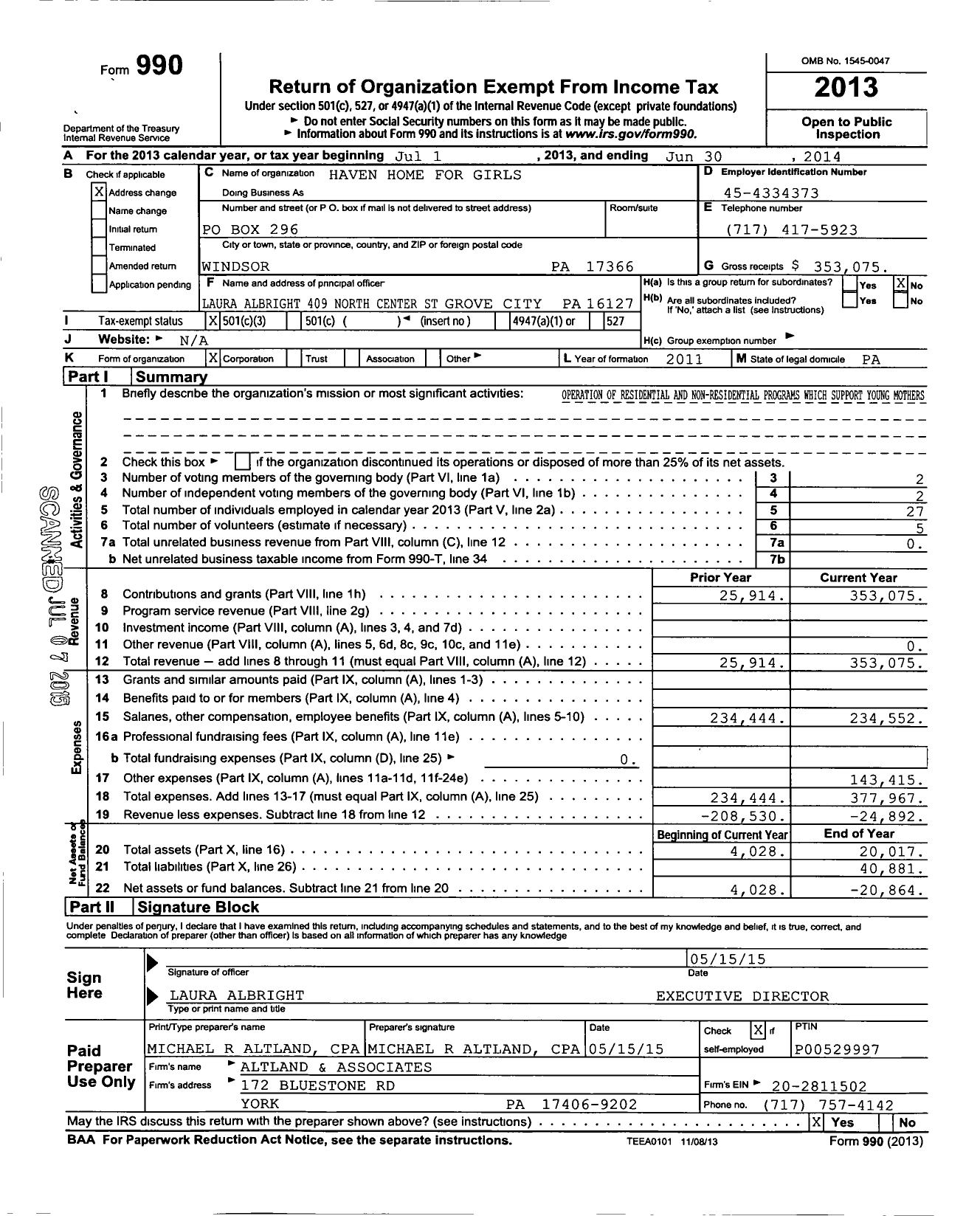 Image of first page of 2013 Form 990 for Haven Home for Girls