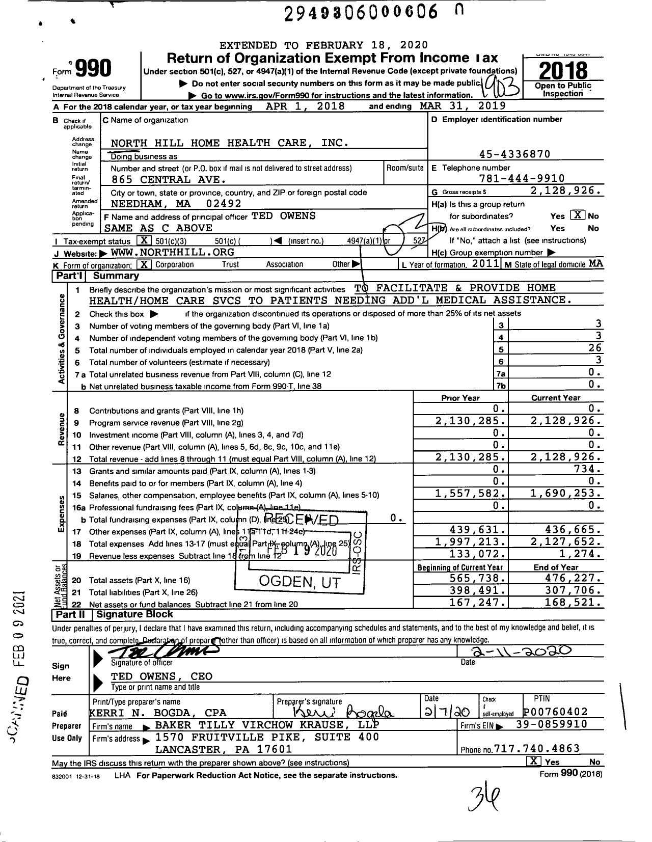 Image of first page of 2018 Form 990 for North Hill Home Health Care