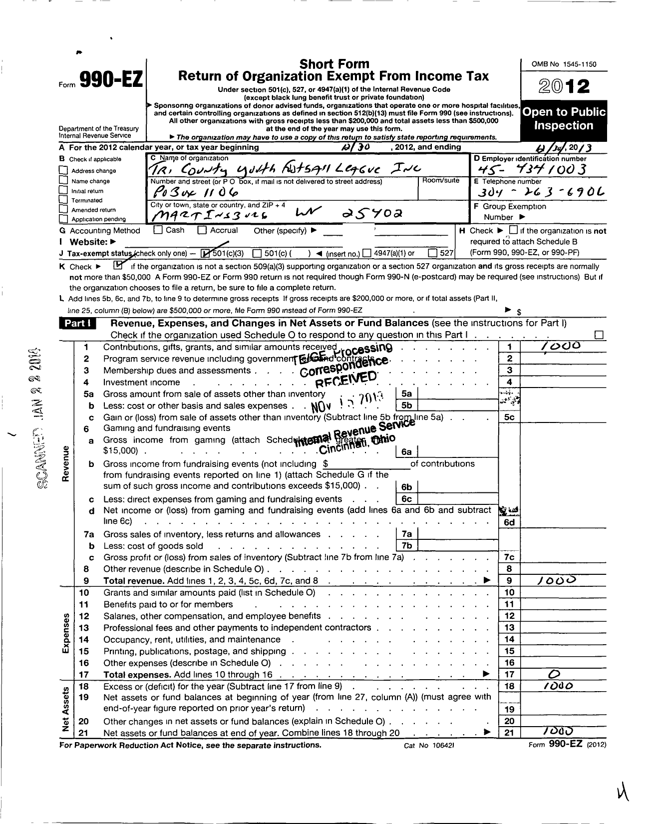 Image of first page of 2013 Form 990EZ for Tri County Youth Football League